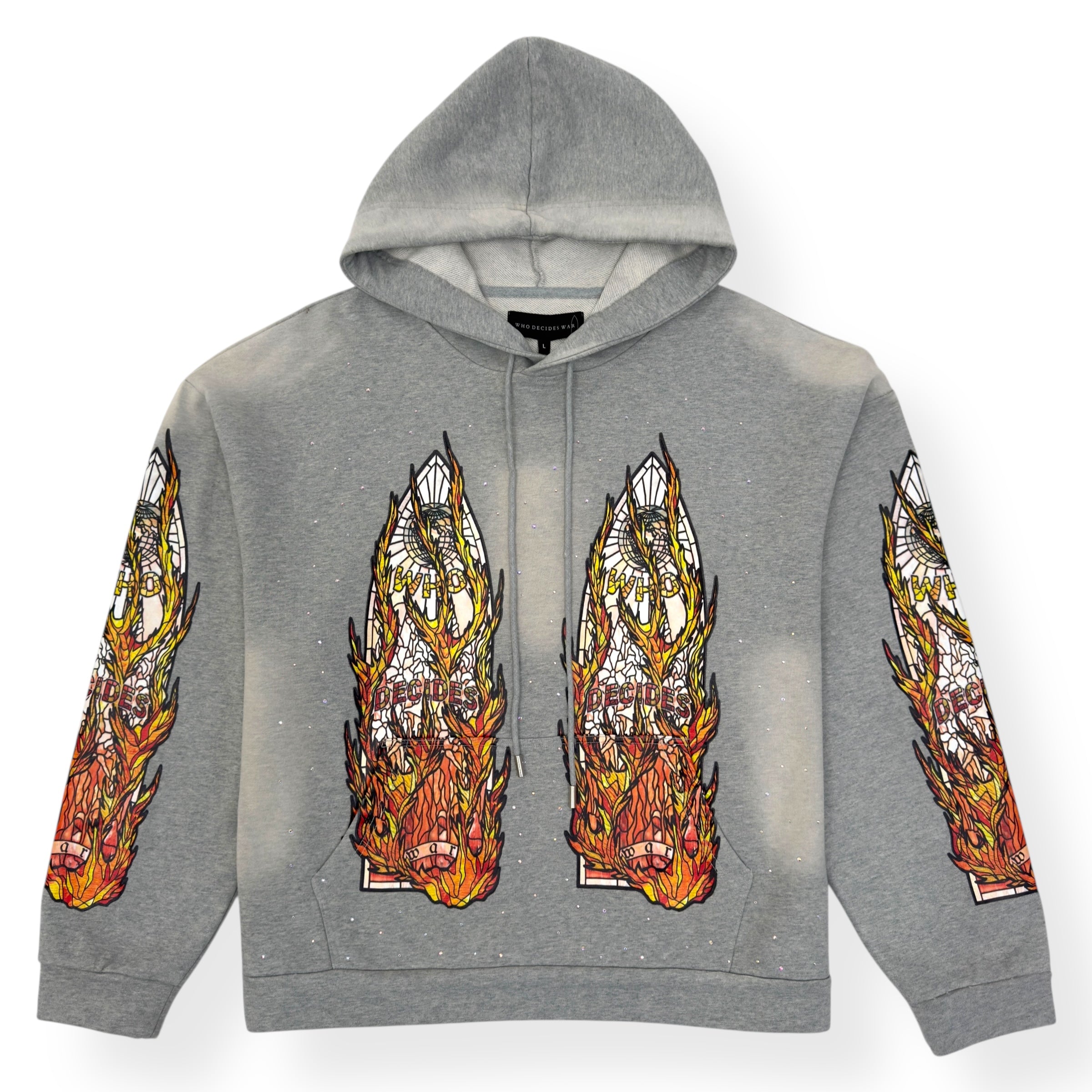 WHO DECIDES WAR FLAMES GLASS HOODIE VINTAGE GREY / ORANGE L
