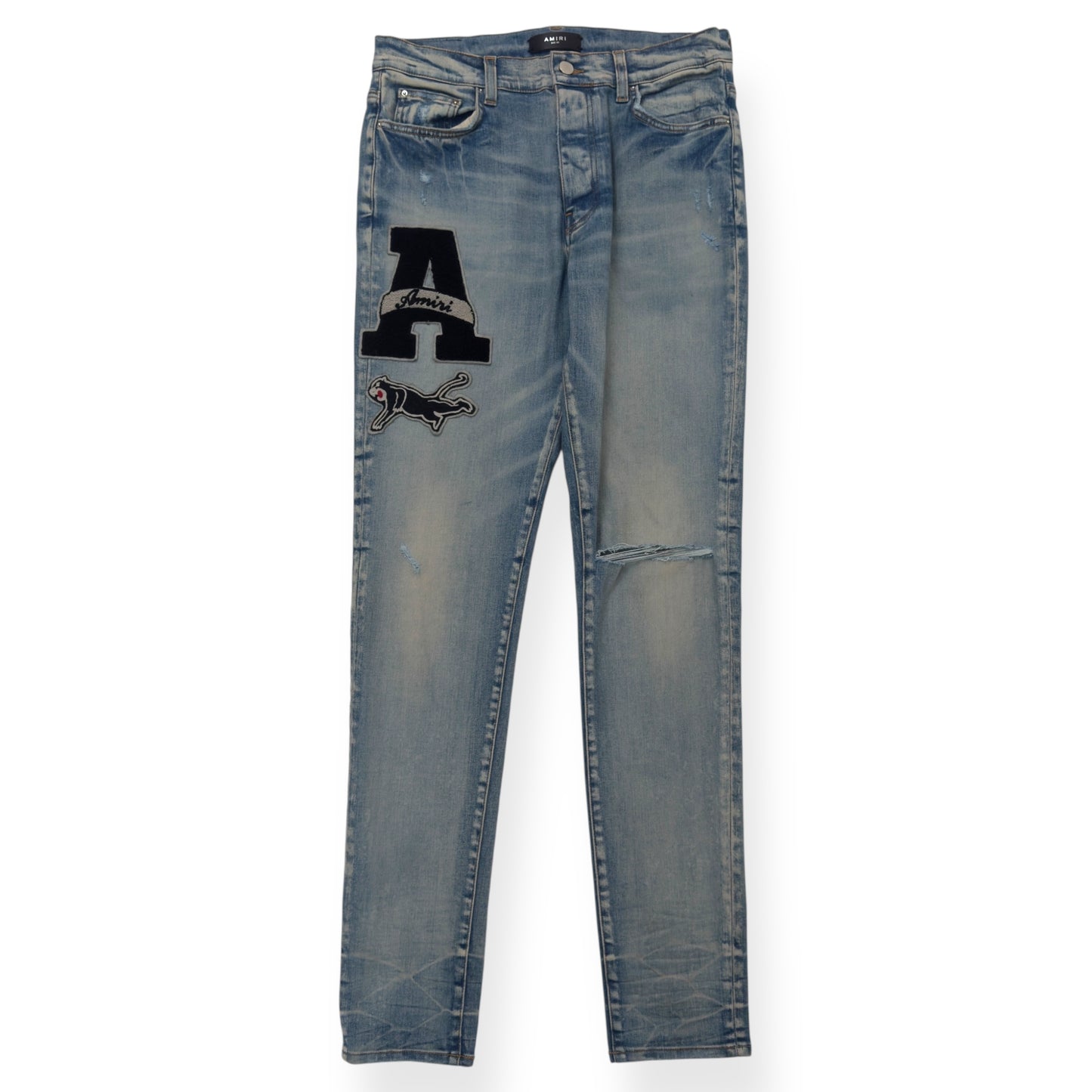 AMIRI VARSITY PATCH DISTRESSED SKINNY DENIM JEANS BLUE / BLACK W34”