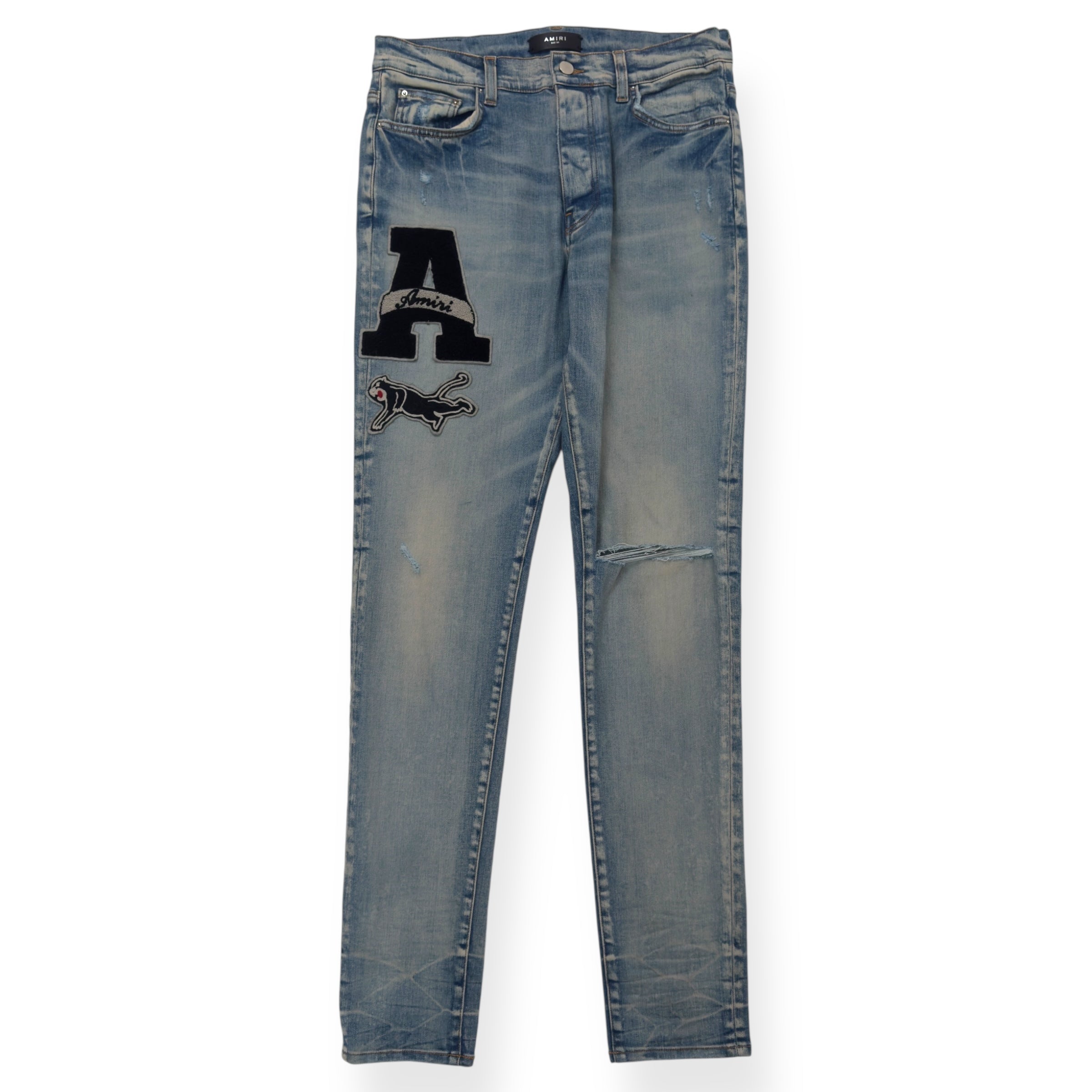 AMIRI VARSITY PATCH DISTRESSED SKINNY DENIM JEANS BLUE / BLACK W34”