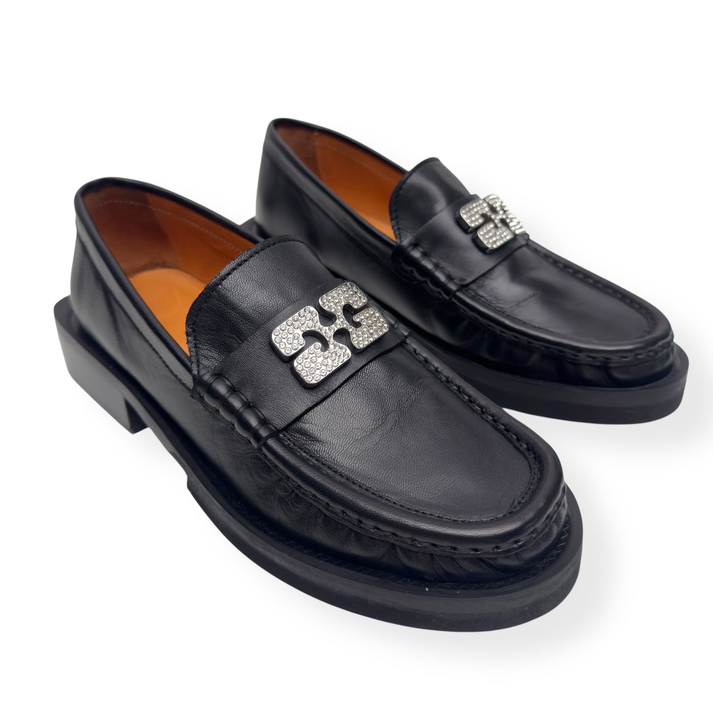 GANNI CRYSTAL-EMBELLISHED LEATHER LOAFERS BLACK / SILVER 38 / UK5