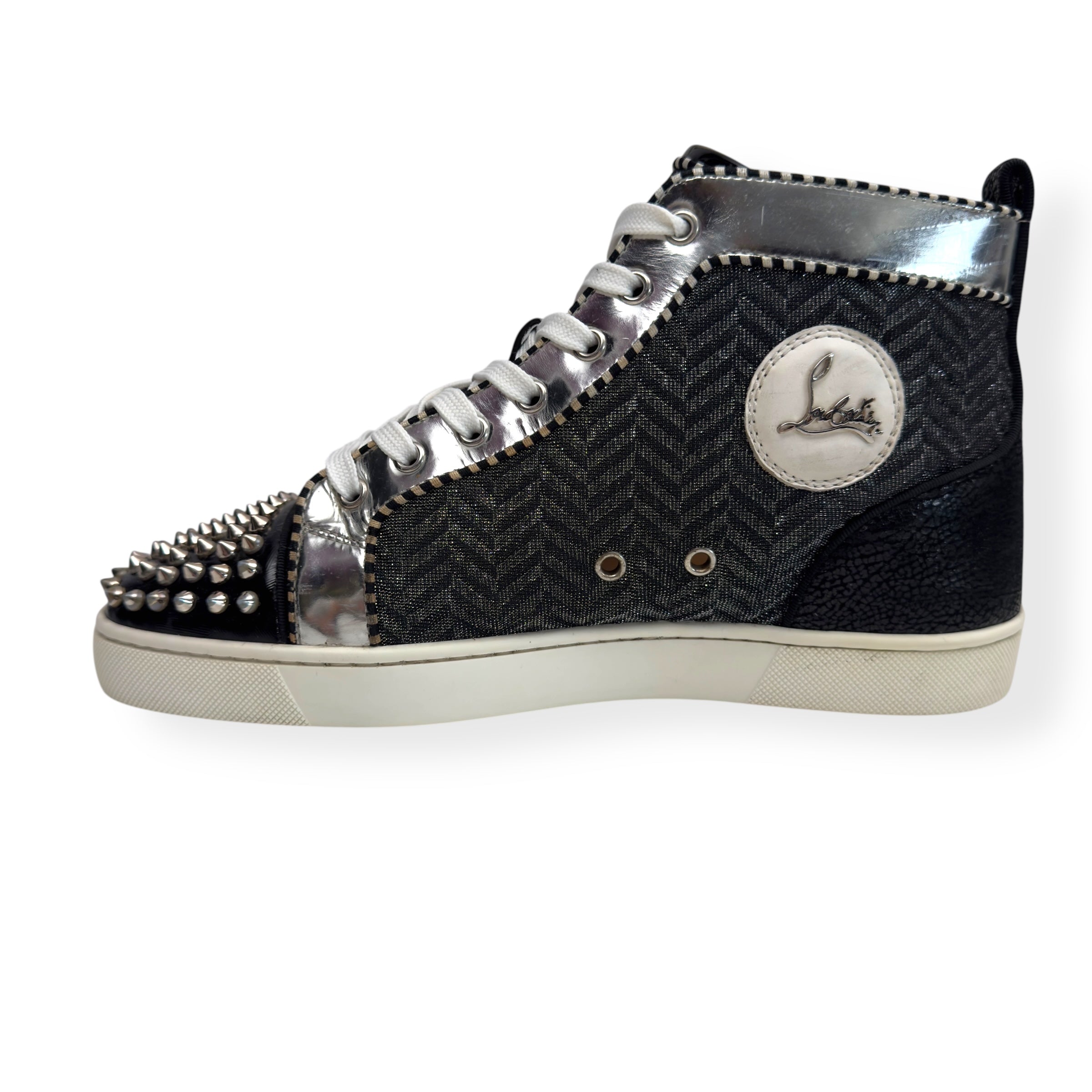 CHRISTIAN LOUBOUTIN LOW SPIKES ORLATO HIGH TOP SNEAKER BLACK / WHITE / SILVER 42 / UK8