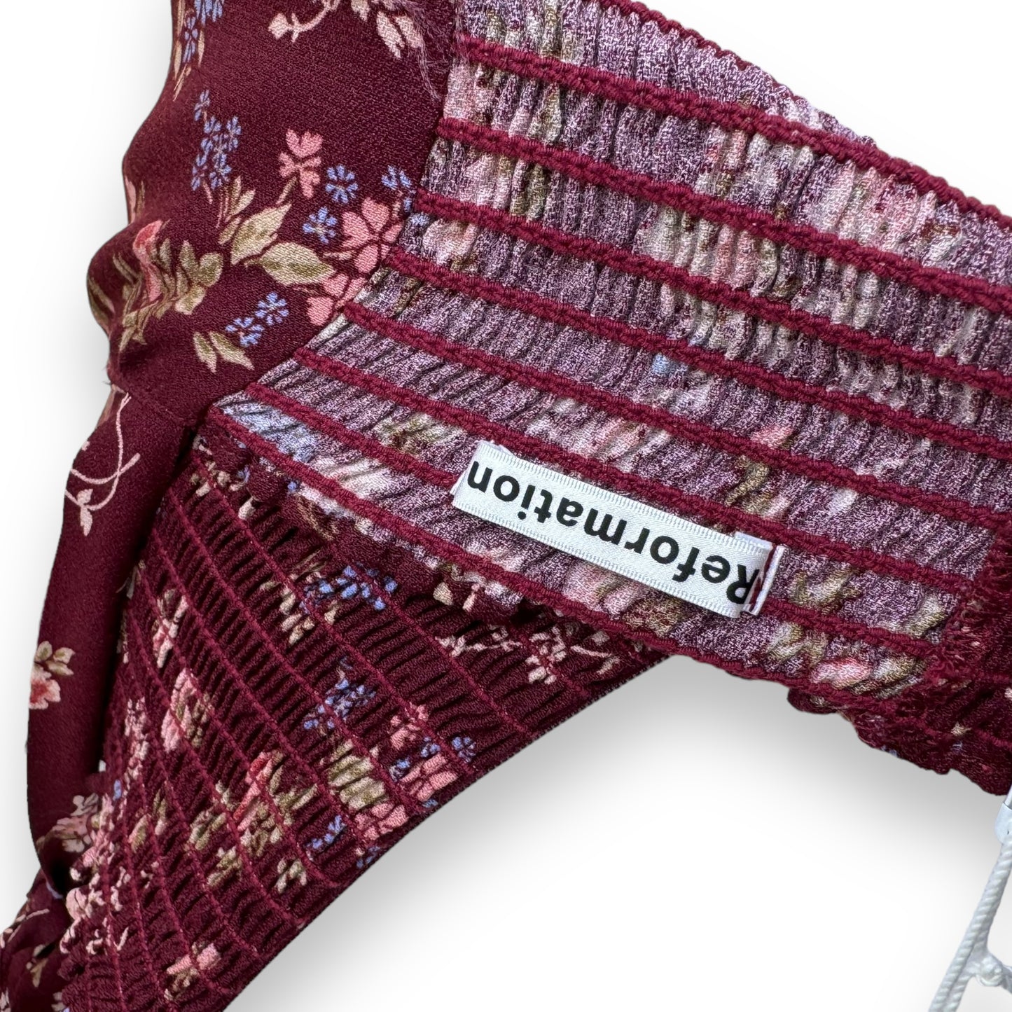REFORMATION ELLORA FLORAL-PRINT TOP BURGUNDY UK8