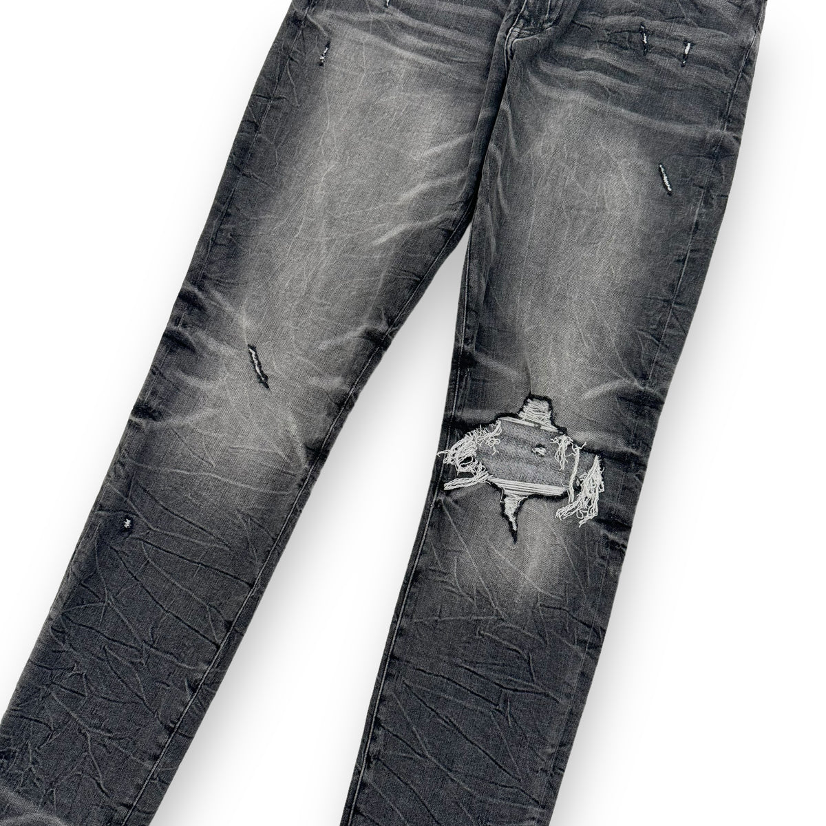 AMIRI SKINNY DISTRESSED STRETCH-DENIM JEANS DARK GREY 34W