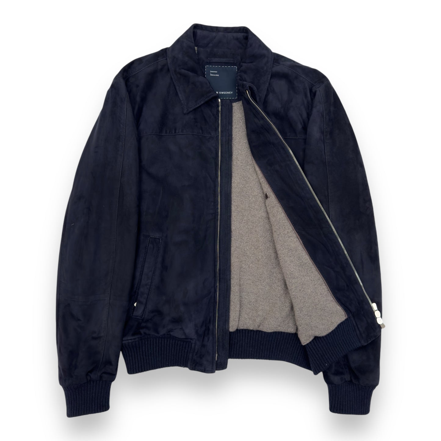 THOM SWEENEY BESPOKE SUEDE COLLARED BOMBER JACKET NAVY M