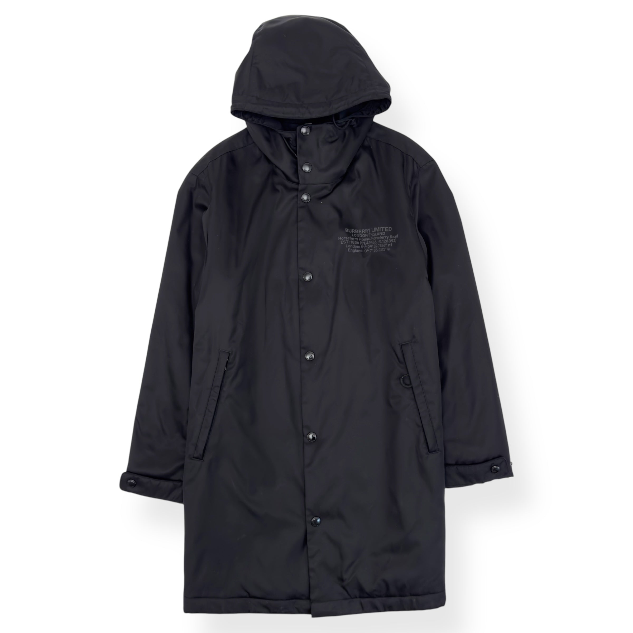 BURBERRY LOCATION-PRINT NYLON ECONYL PARKA JACKET BLACK M