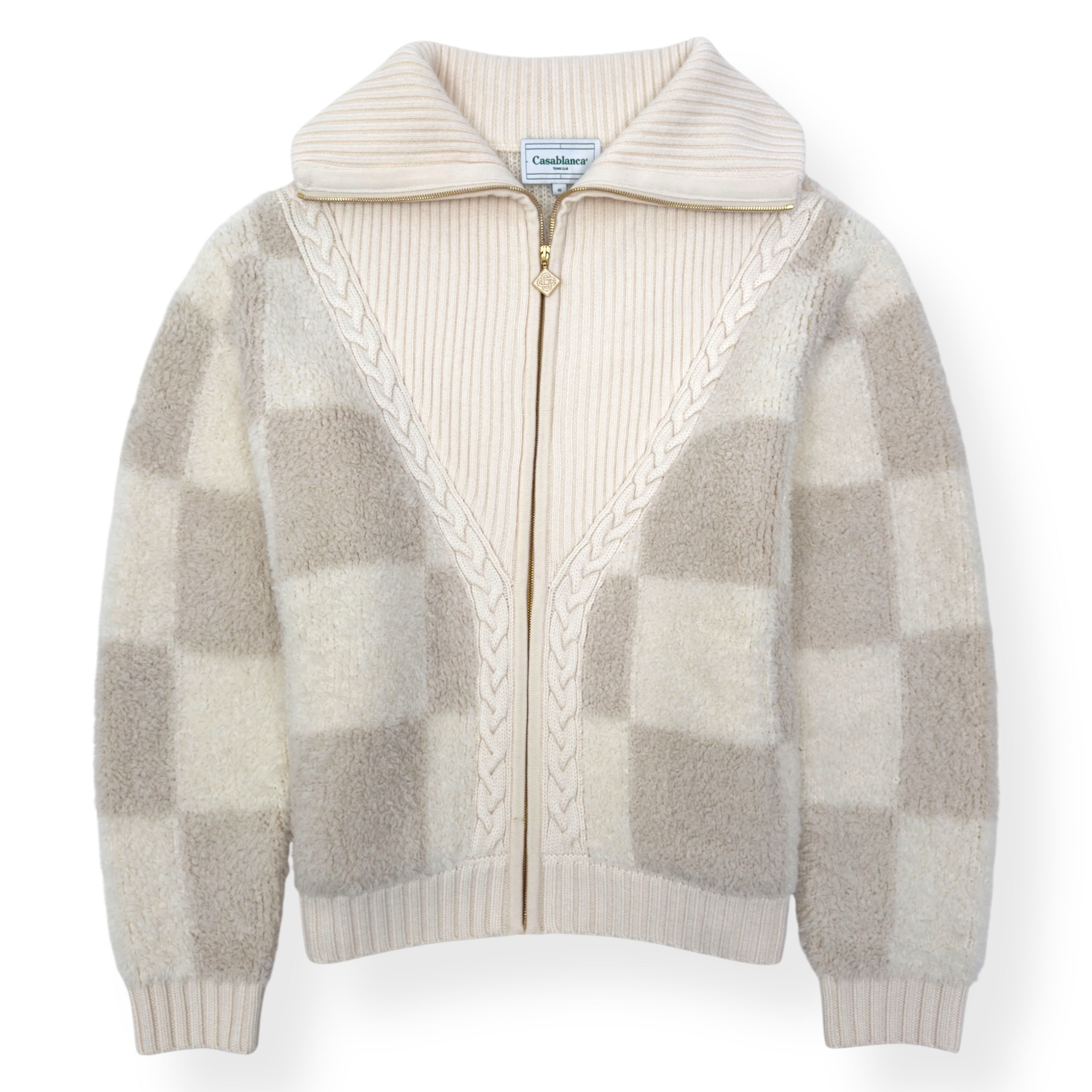 CASABLANCA CHECKED BOUCLÉ WOOL-BLEND ZIP UP JACKET CREAM M