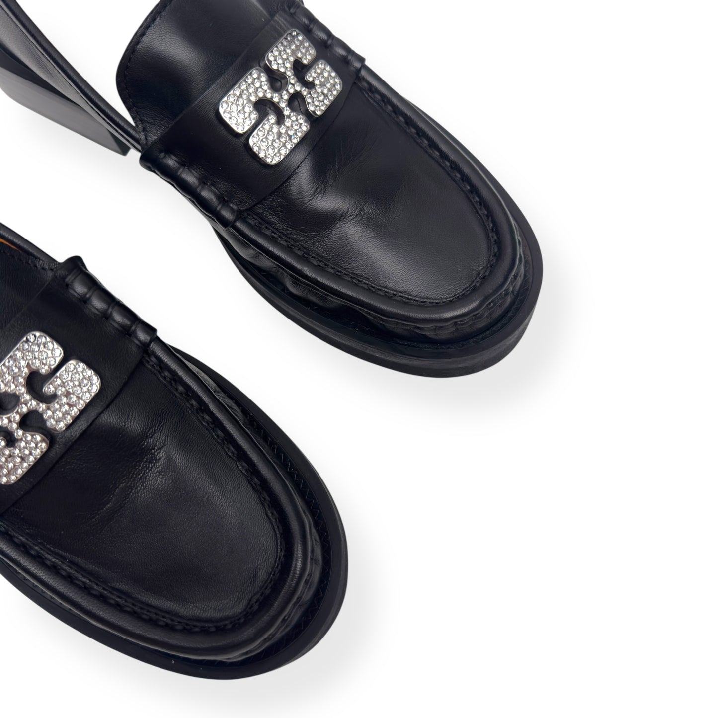 GANNI CRYSTAL-EMBELLISHED LEATHER LOAFERS BLACK / SILVER 38 / UK5