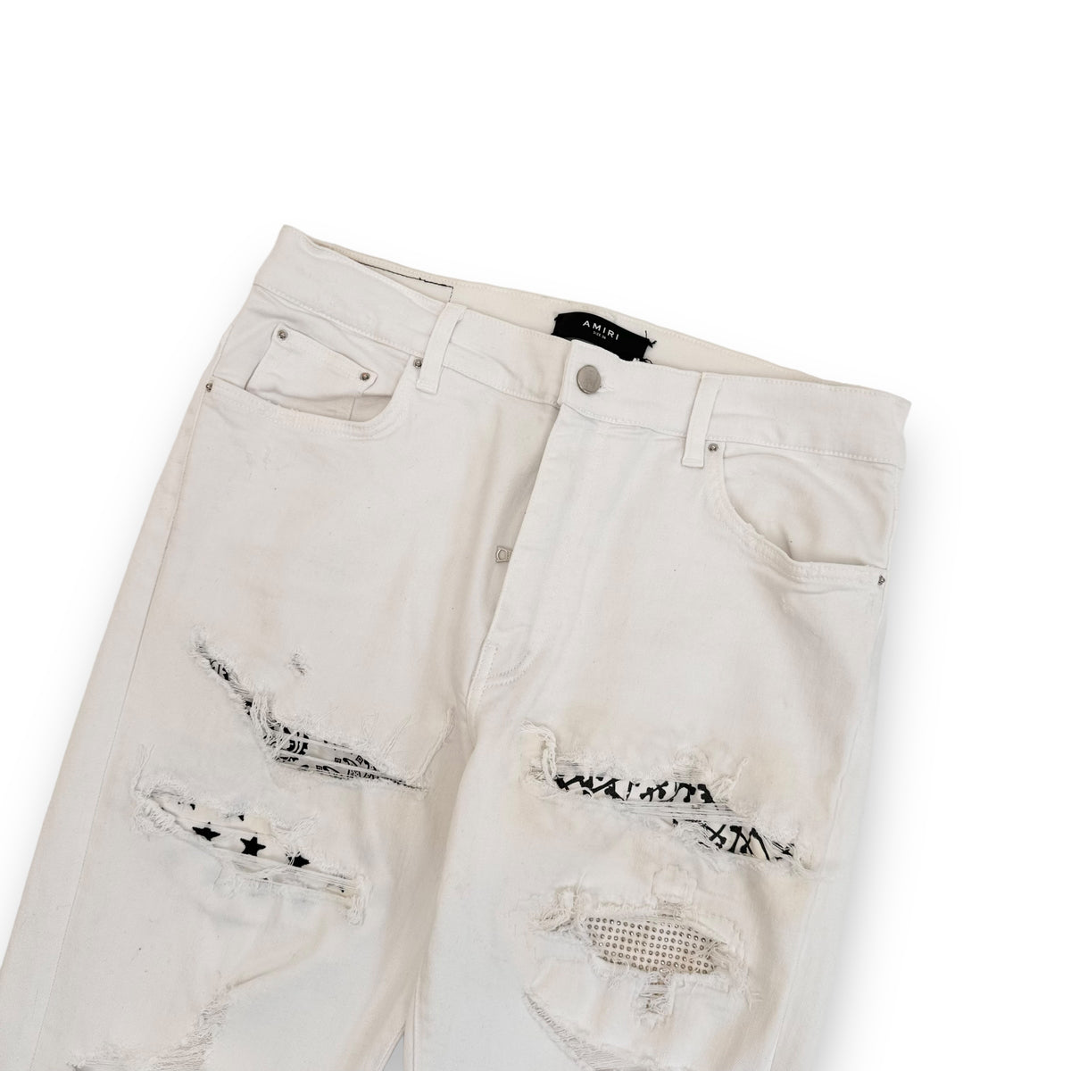 AMIRI DISTRESSED ART PATCH DENIM JEANS WHITE 36W