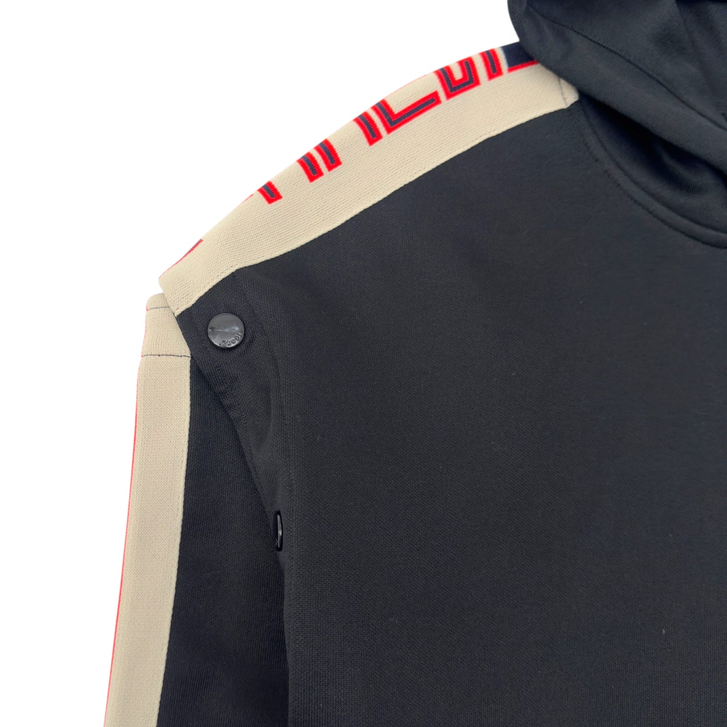 GUCCI TAPE LOGO DETACHABLE WEB SLEEVE HOODIE BLACK / RED S