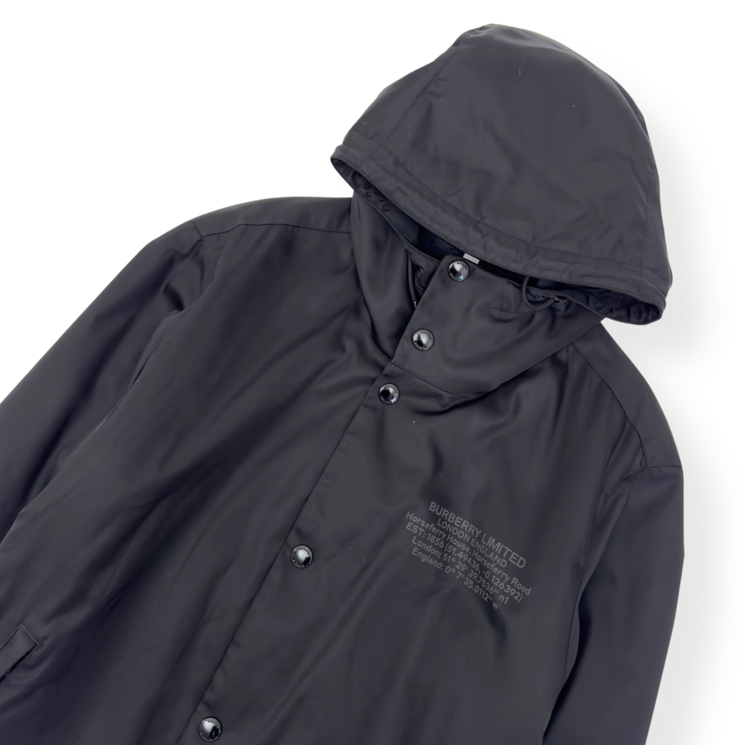 BURBERRY LOCATION-PRINT NYLON ECONYL PARKA JACKET BLACK M