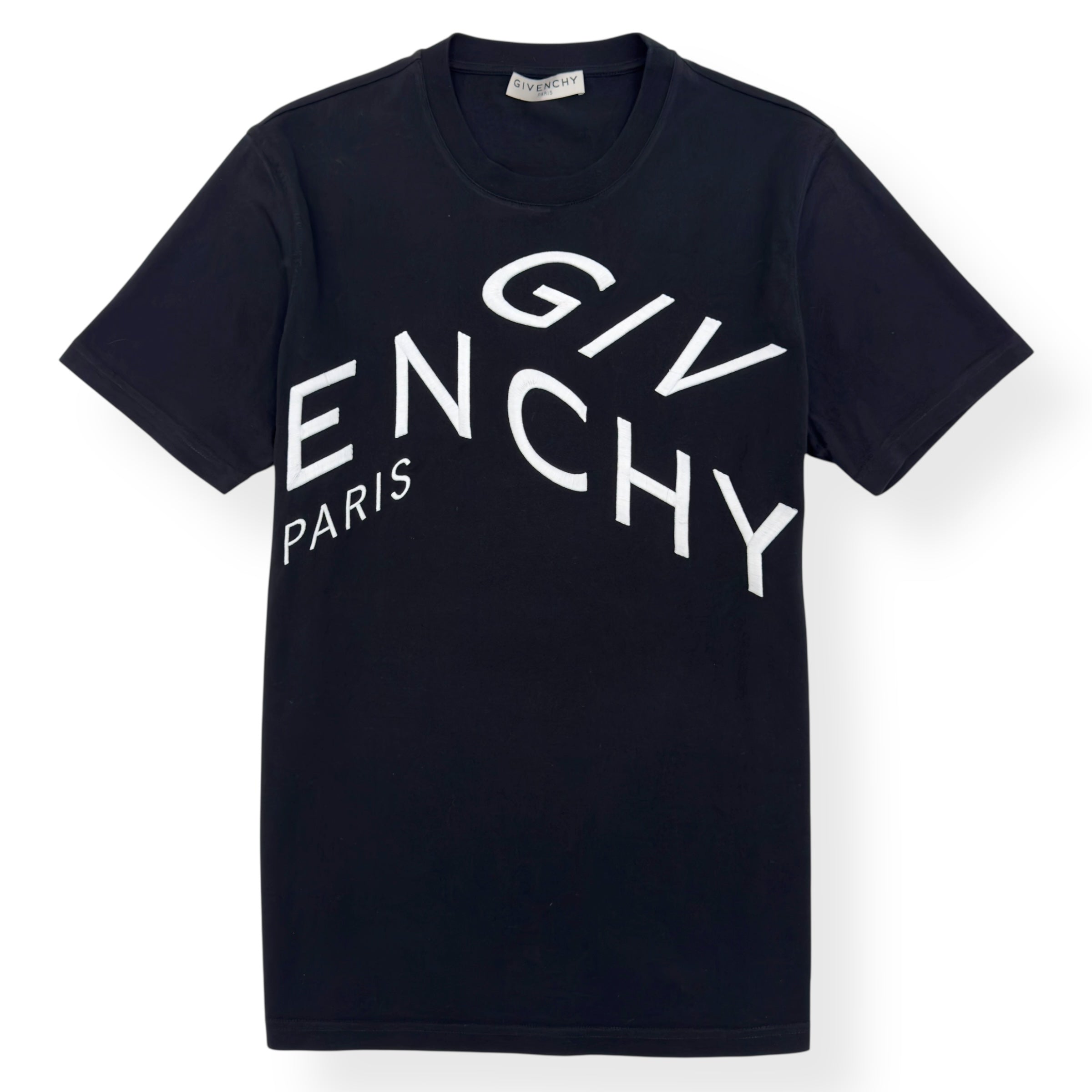 GIVENCHY SLIM FIT REFRACTED LOGO EMBROIDERED T-SHIRT BLACK / WHITE M