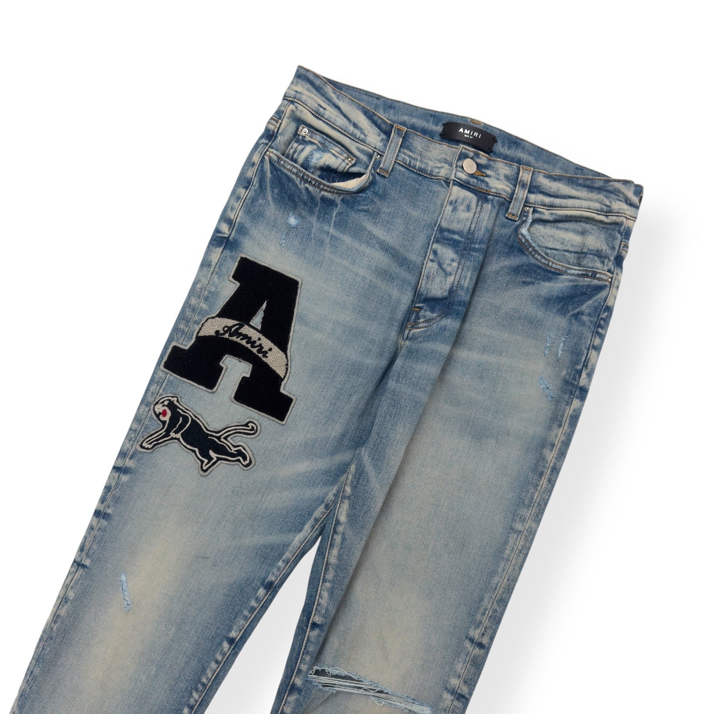 AMIRI VARSITY PATCH DISTRESSED SKINNY DENIM JEANS BLUE / BLACK W34”