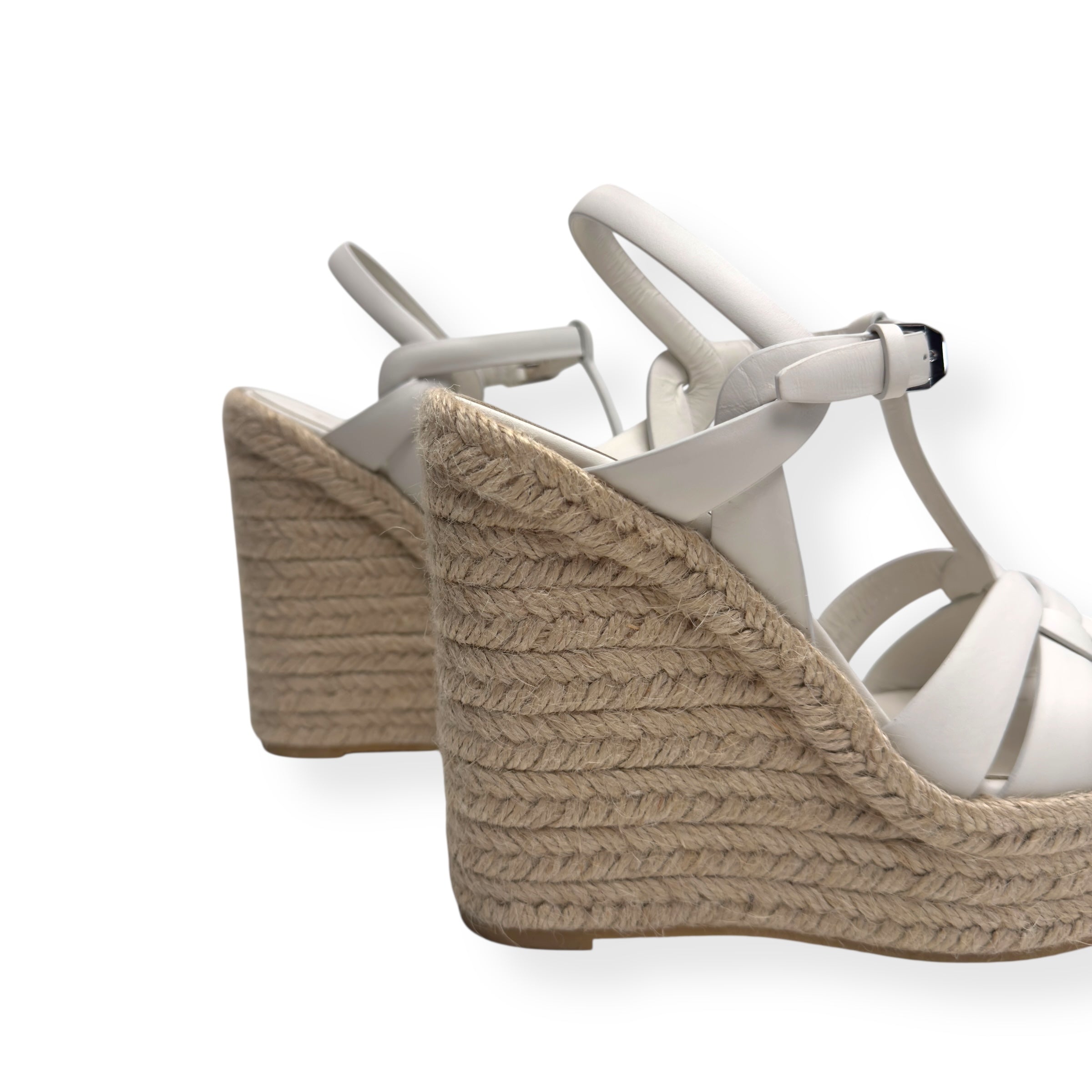 SAINT LAURENT TRIBUTE ESPADRILLE SMOOTH LEATHER WEDGE WHITE 38 / UK5