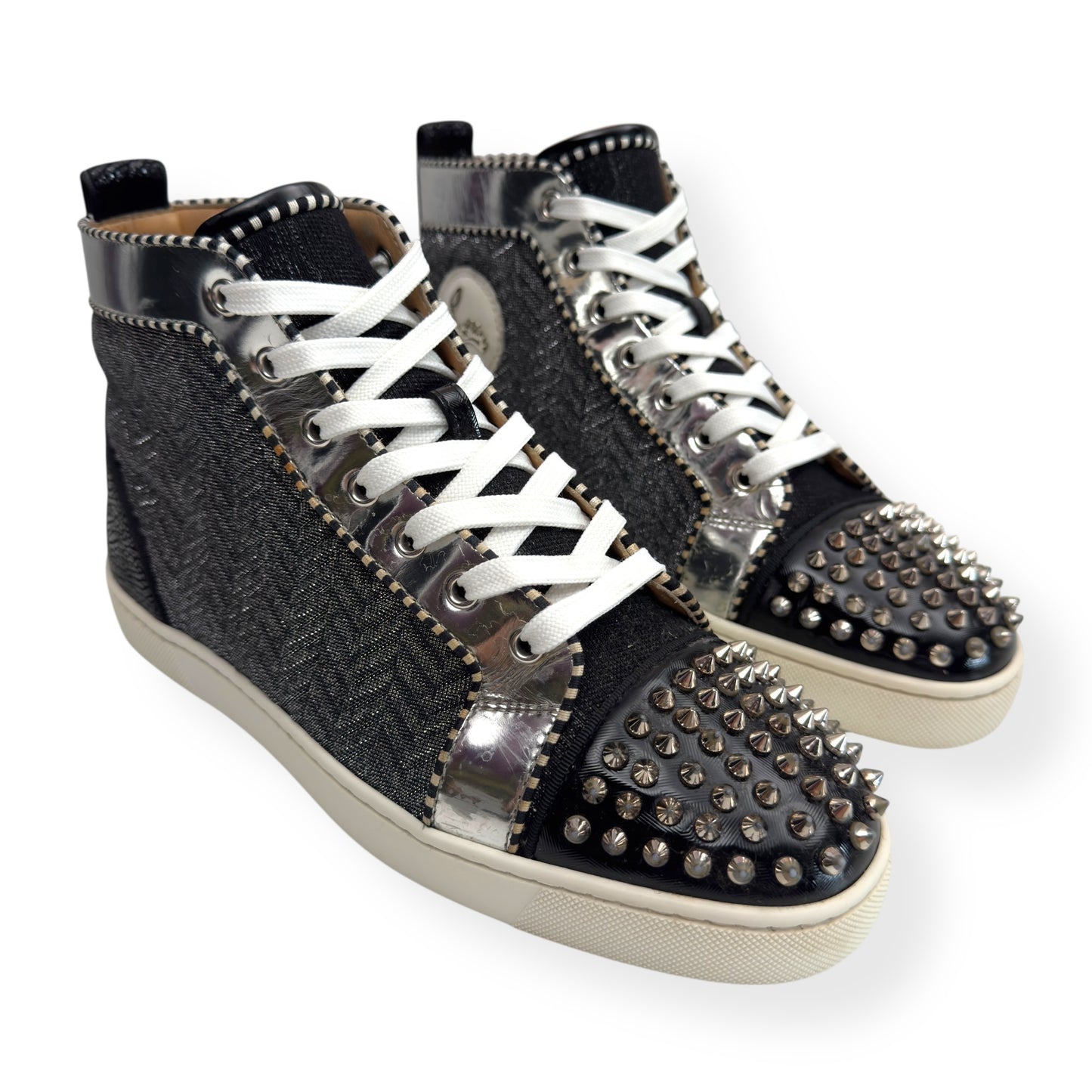 CHRISTIAN LOUBOUTIN LOW SPIKES ORLATO HIGH TOP SNEAKER BLACK / WHITE / SILVER 42 / UK8