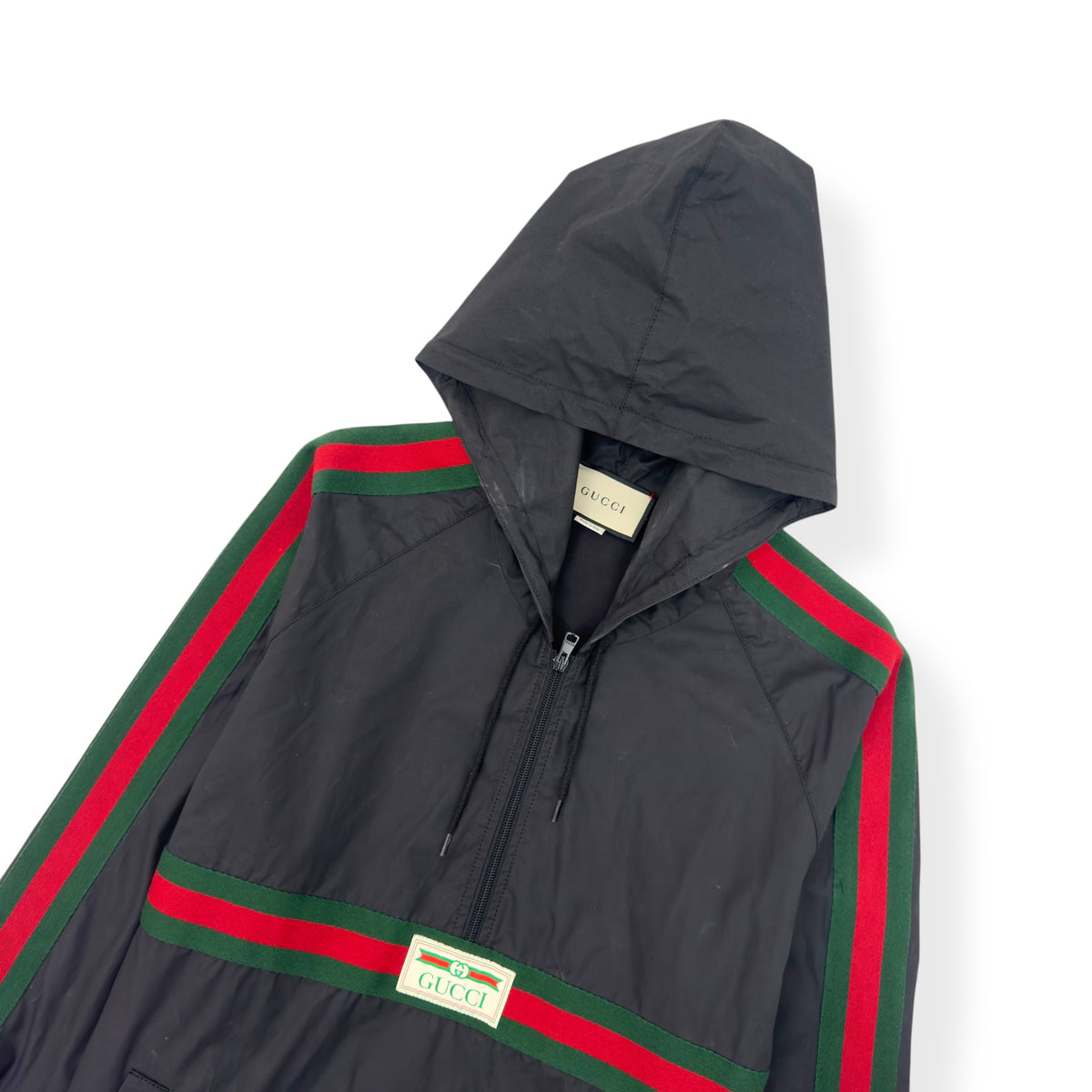 GUCCI OVERSIZED COATED WINDBREAKER JACKET BLACK / RED / GREEN S