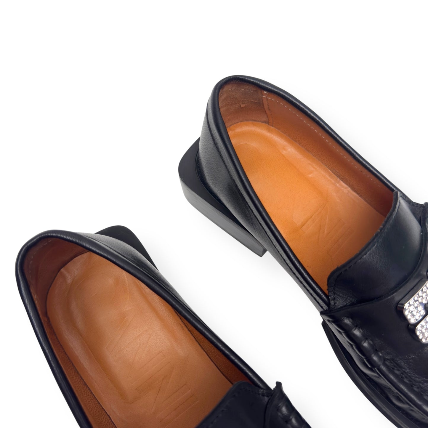 GANNI CRYSTAL-EMBELLISHED LEATHER LOAFERS BLACK / SILVER 38 / UK5