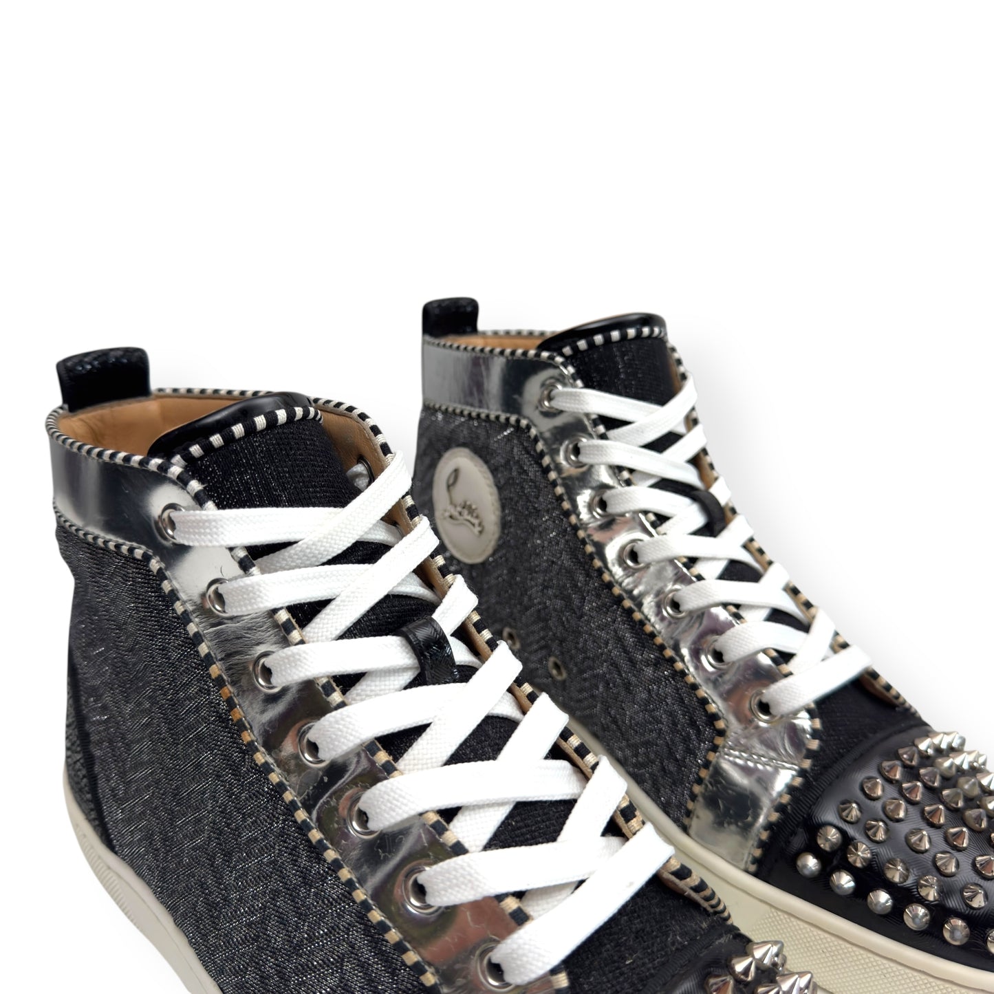 CHRISTIAN LOUBOUTIN LOW SPIKES ORLATO HIGH TOP SNEAKER BLACK / WHITE / SILVER 42 / UK8