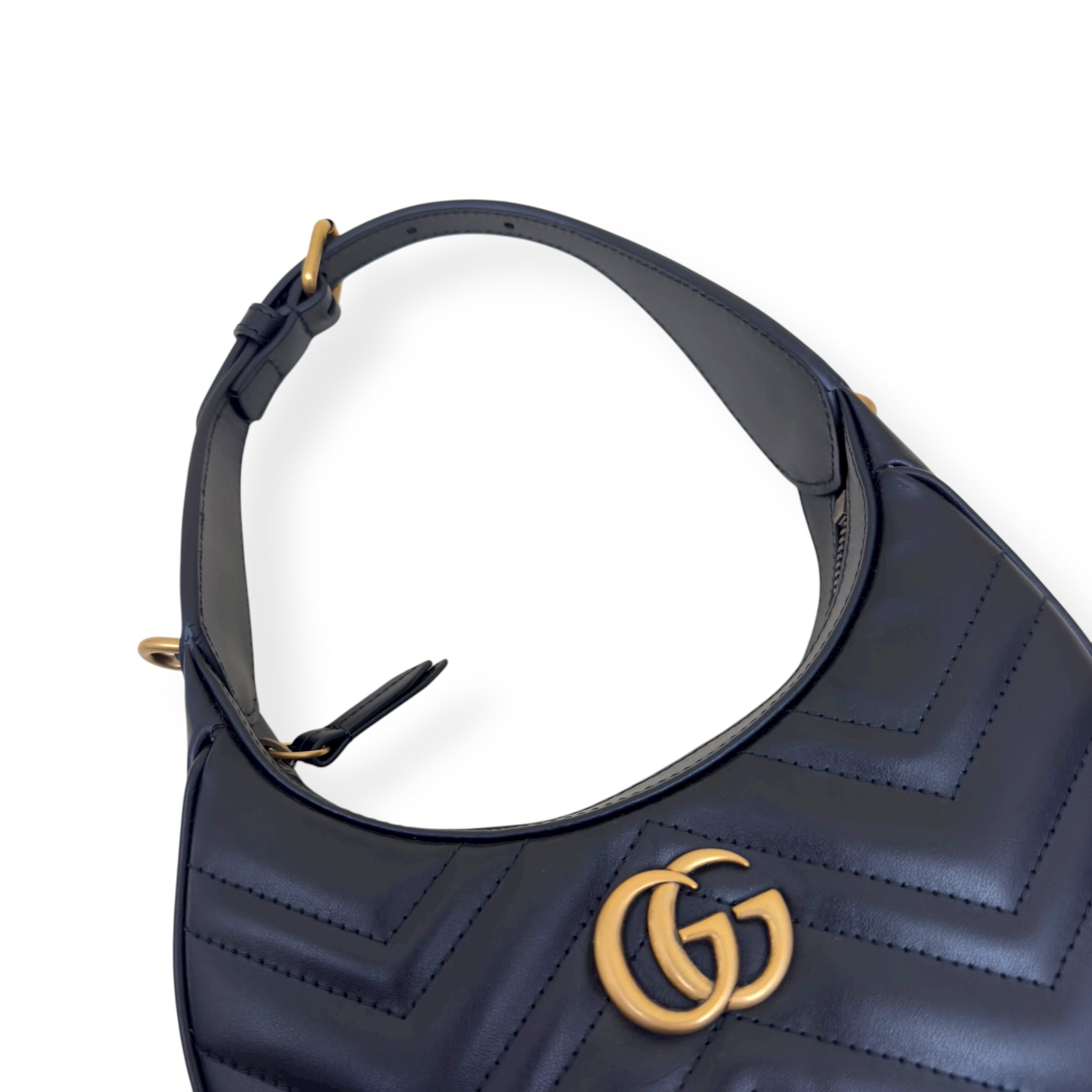 GUCCI CHEVRON LEATHER GG MARMONT HALF-MOON BAG BLACK MINI