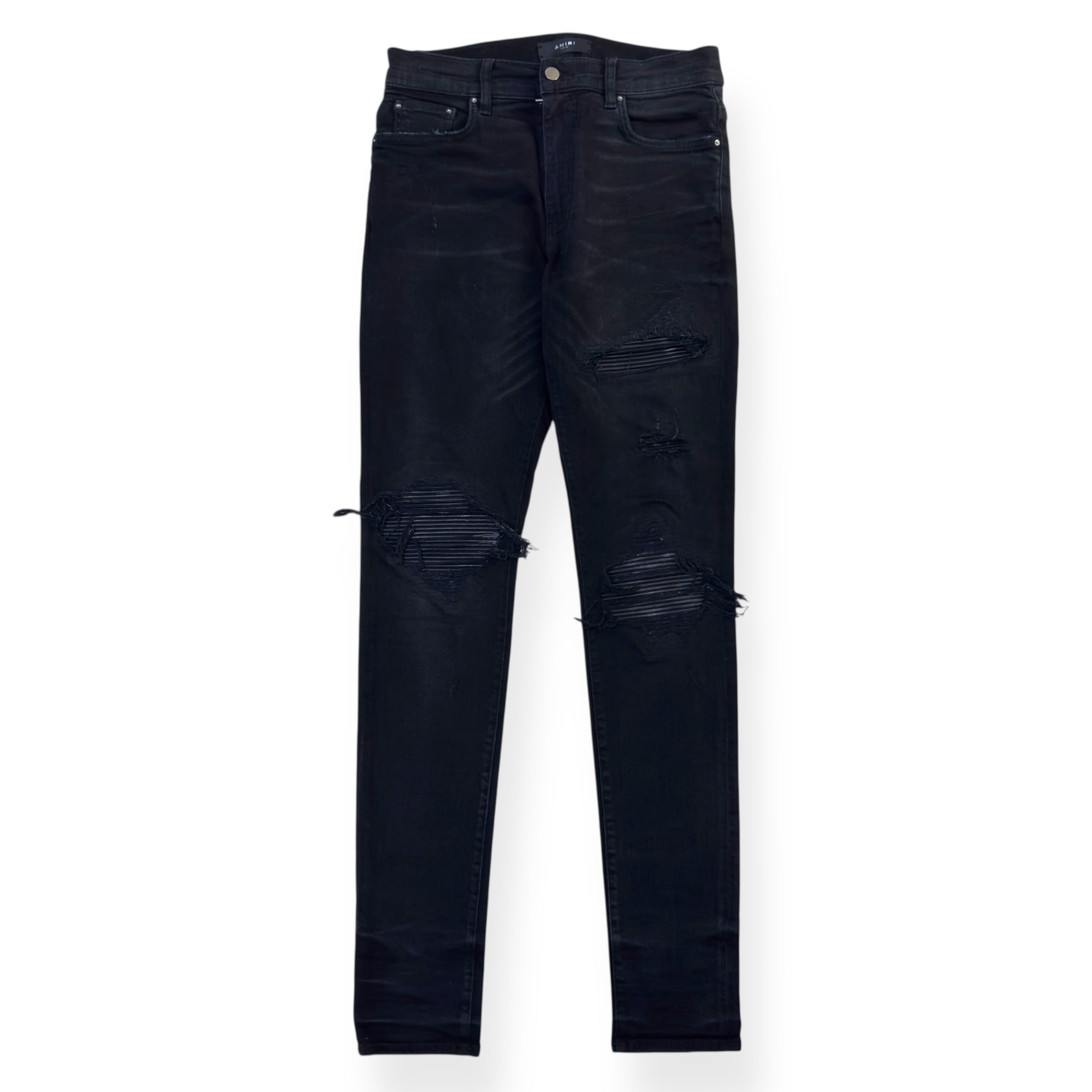 AMIRI MX1 SKINNY FIT LEATHER PATCH DENIM JEANS BLACK W32"
