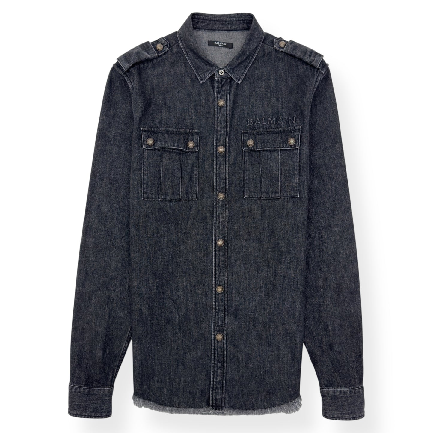 BALMAIN COTTON DENIM SHIRT BLACK / SILVER 39 / M