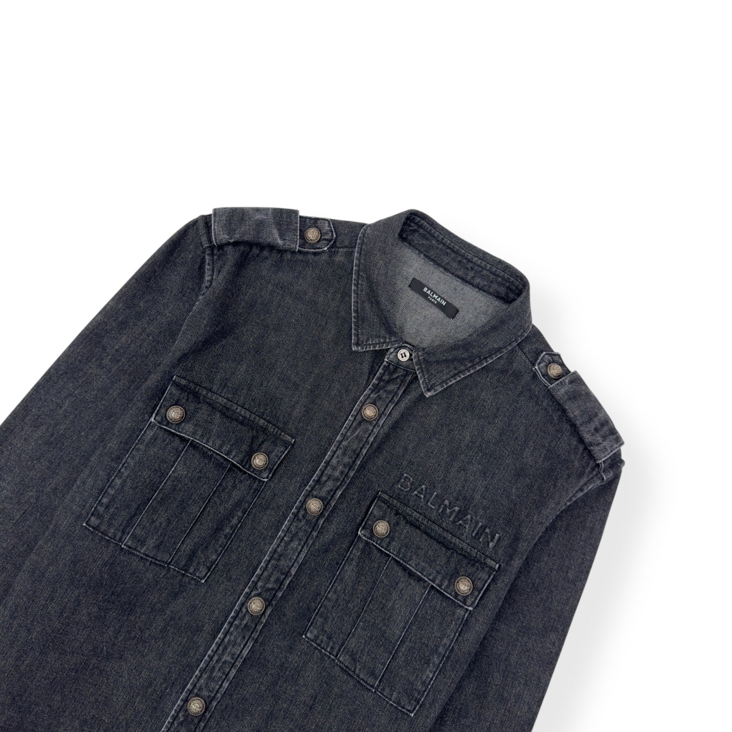 BALMAIN COTTON DENIM SHIRT BLACK / SILVER 39 / M