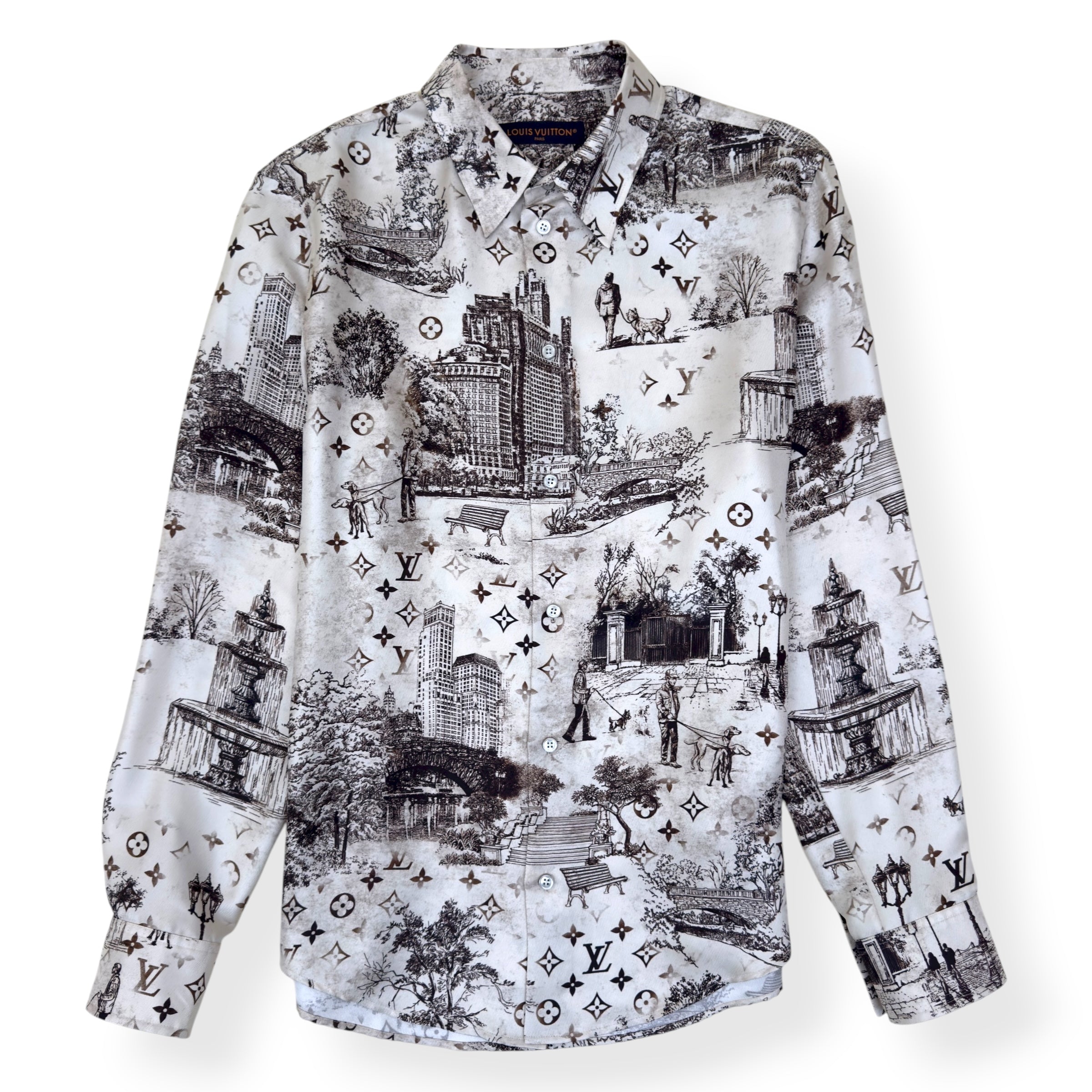 LOUIS VUITTON SILK PRINT LONG SLEEVE SHIRT BEIGE / BROWN XL