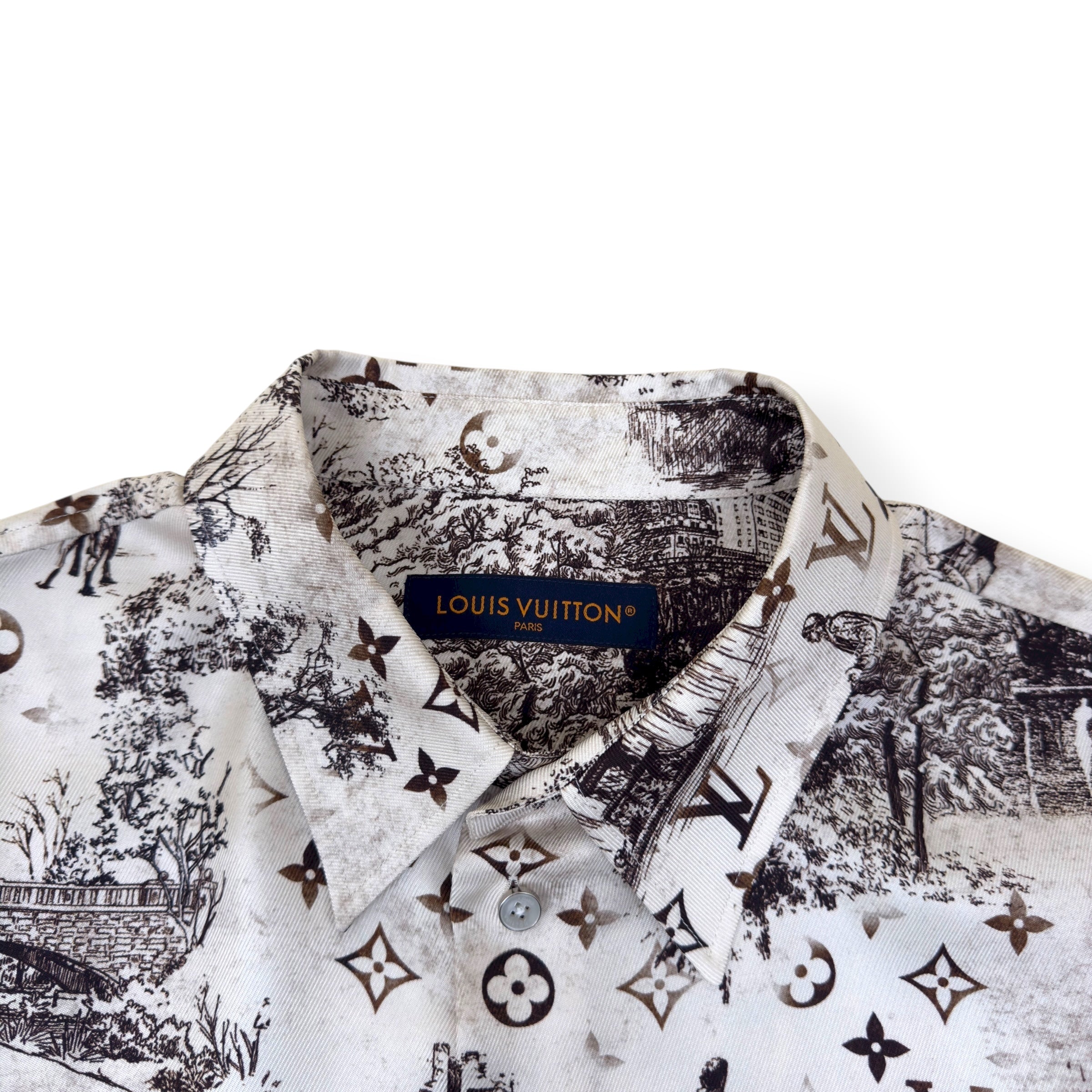 LOUIS VUITTON SILK PRINT LONG SLEEVE SHIRT BEIGE / BROWN XL