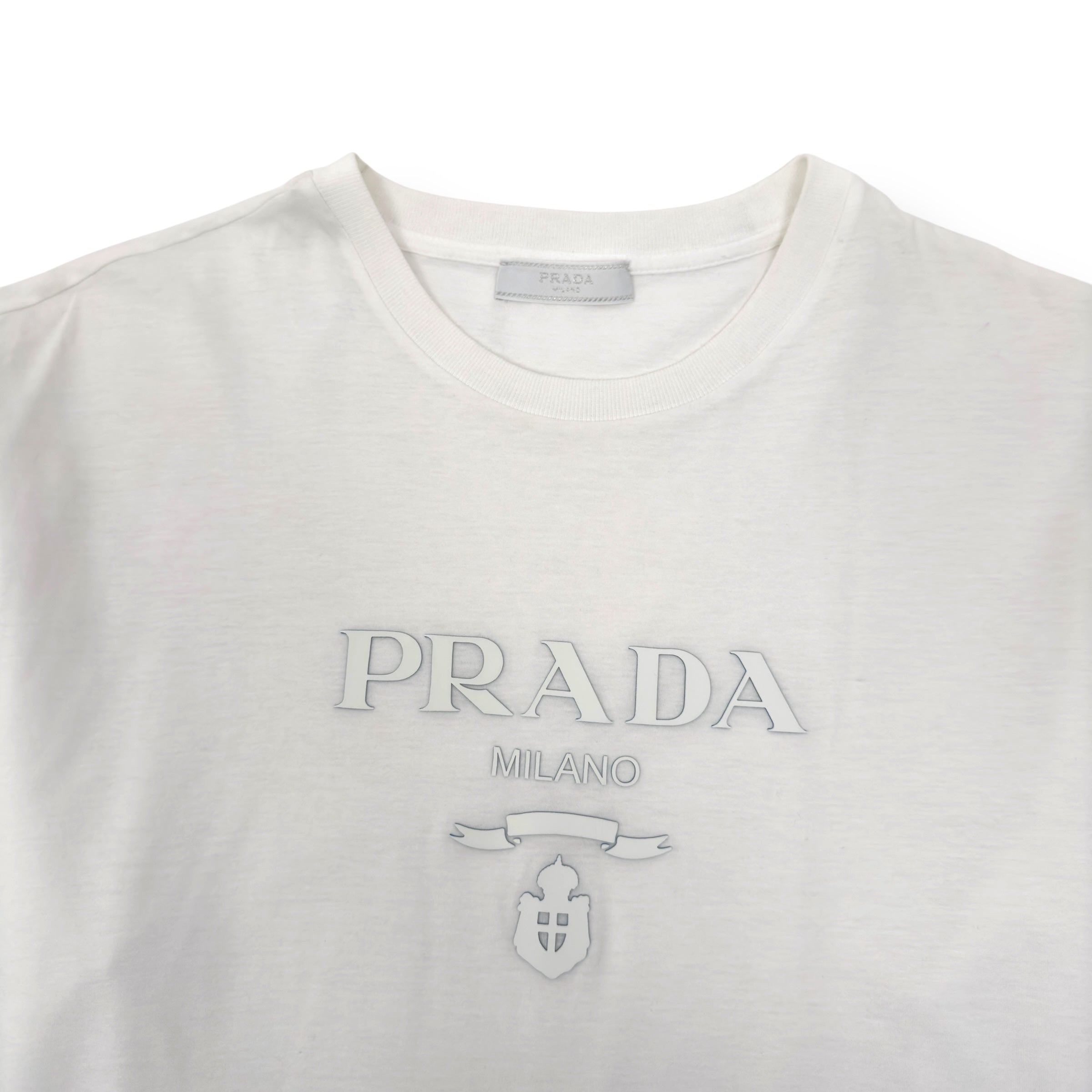 PRADA LOGO EMBOSSED COTTON T-SHIRT WHITE M