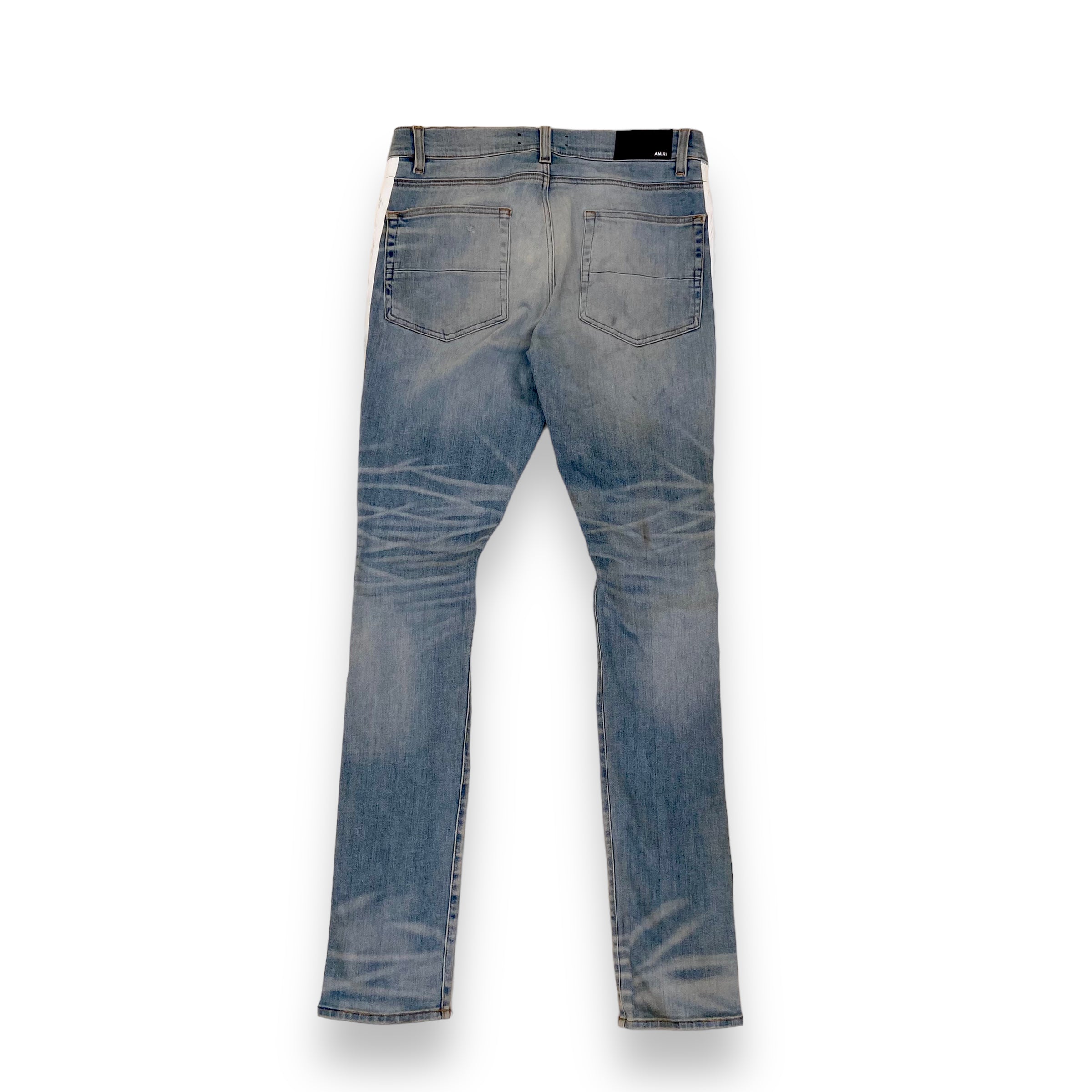 AMIRI DISTRESSED WHITE STRIPE JEANS BLUE 34W