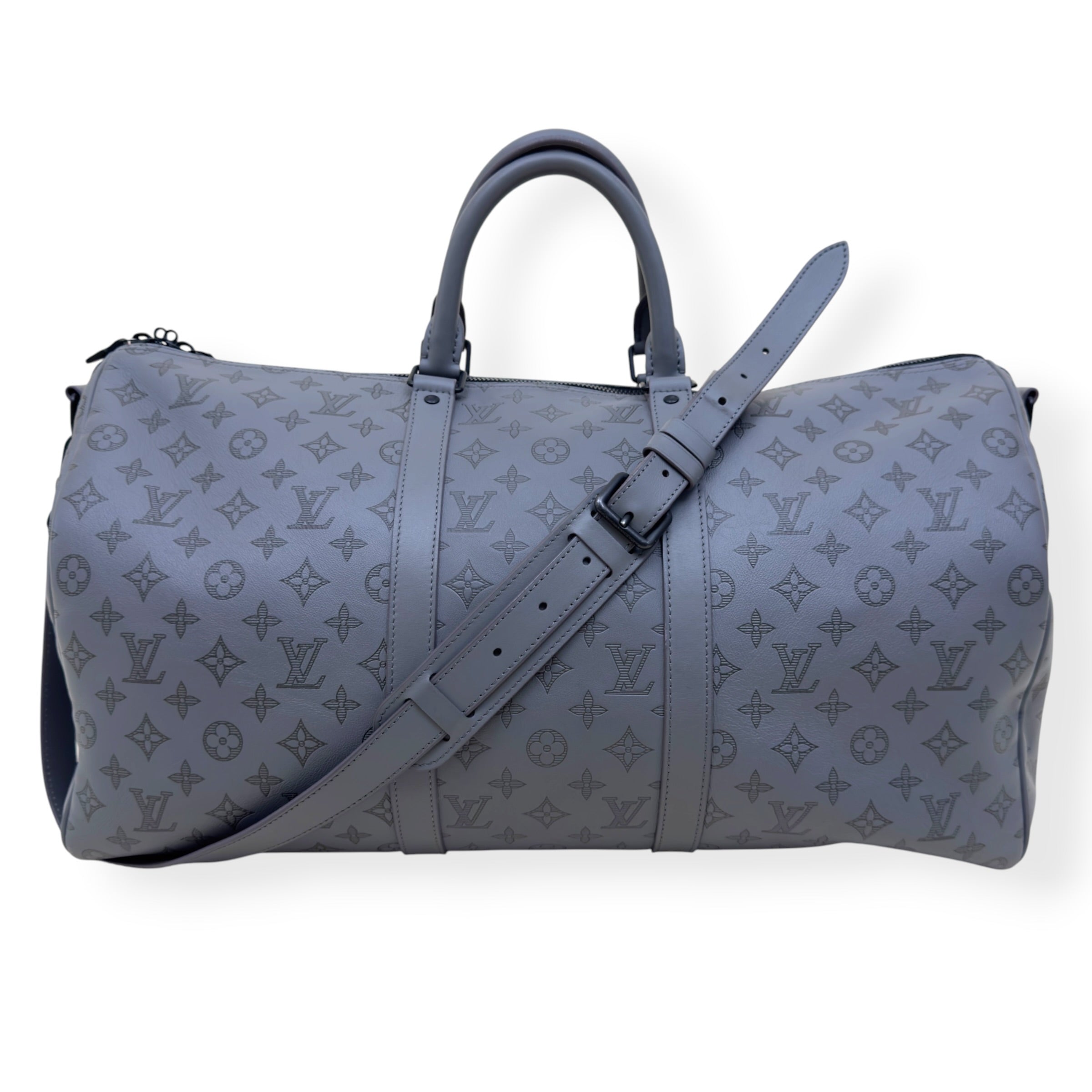 LOUIS VUITTON KEEPALL BANDOULIÈRE SHADOW MONOGRAM DUFFLE BAG ANTHRACITE GREY 50
