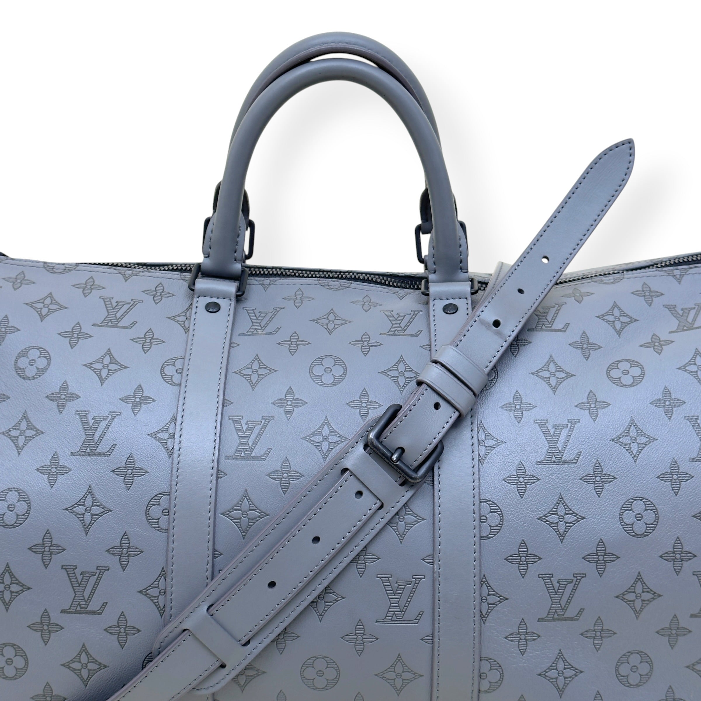 LOUIS VUITTON KEEPALL BANDOULIÈRE SHADOW MONOGRAM DUFFLE BAG ANTHRACITE GREY 50