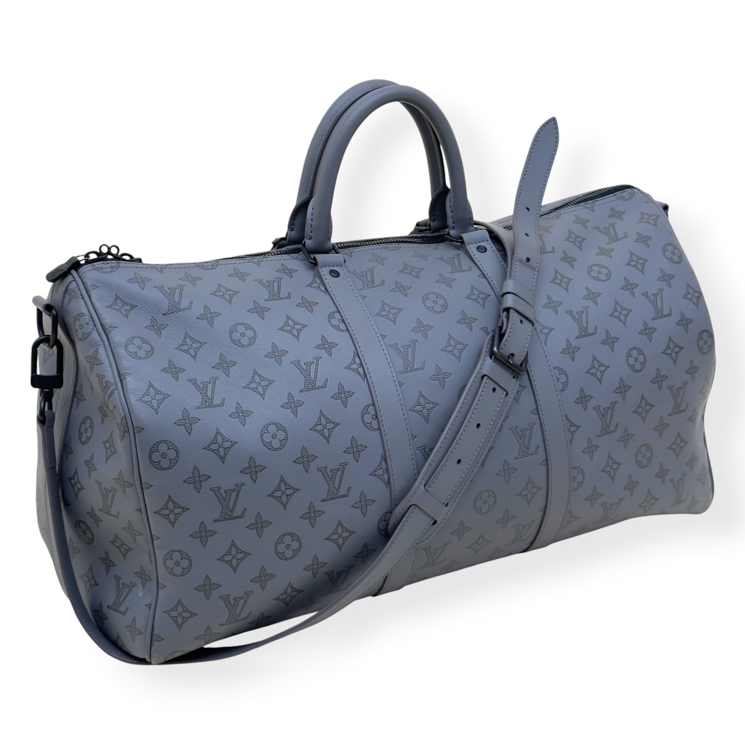 LOUIS VUITTON KEEPALL BANDOULIÈRE SHADOW MONOGRAM DUFFLE BAG ANTHRACITE GREY 50