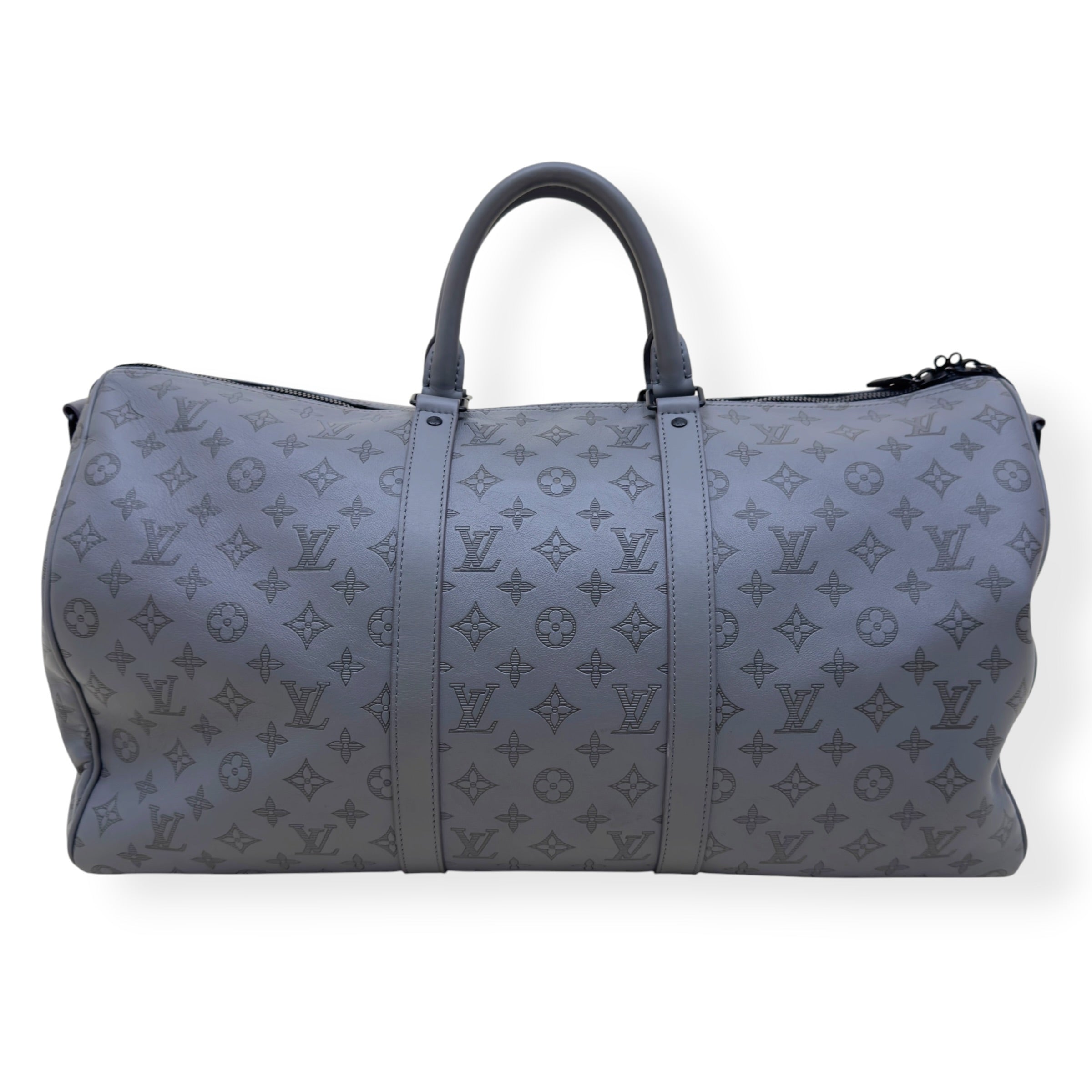LOUIS VUITTON KEEPALL BANDOULIÈRE SHADOW MONOGRAM DUFFLE BAG ANTHRACITE GREY 50