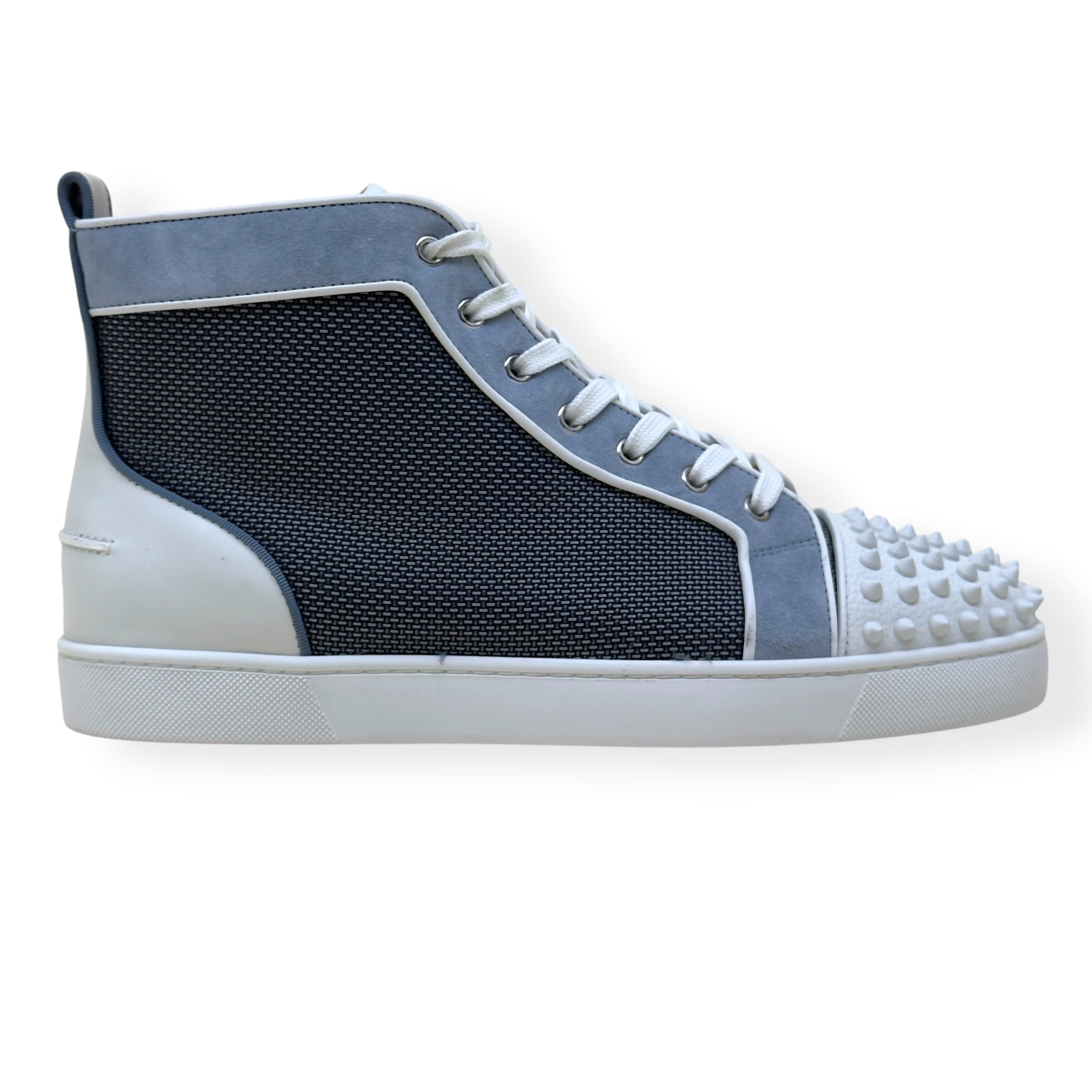 CHRISTIAN LOUBOUTIN LOUIS SPIKES HIGH-TOP SUEDE / MESH SNEAKER GREY / WHITE 44 / UK10