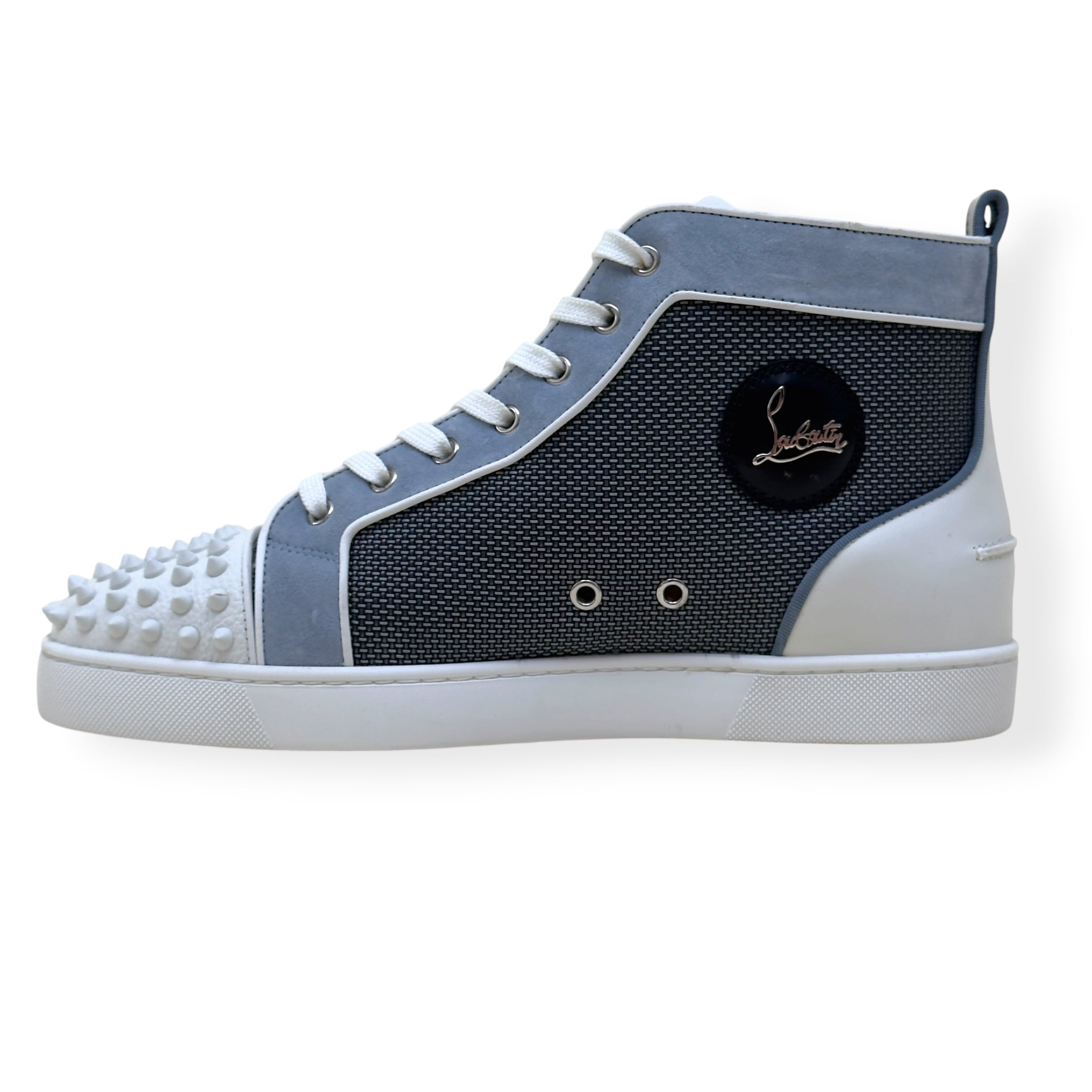 CHRISTIAN LOUBOUTIN LOUIS SPIKES HIGH-TOP SUEDE / MESH SNEAKER GREY / WHITE 44 / UK10