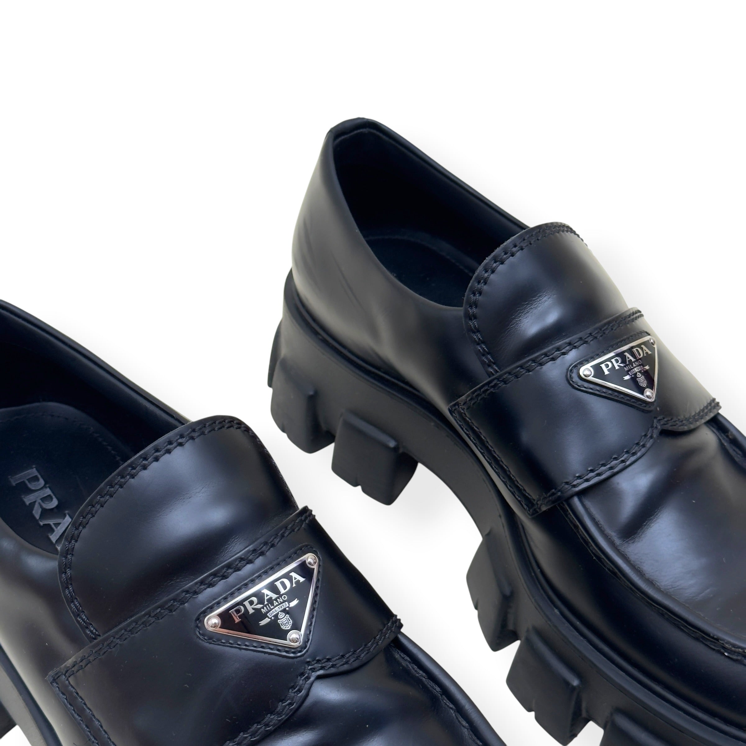 PRADA MONOLITH BRUSHED LEATHER LOAFER BLACK UK9
