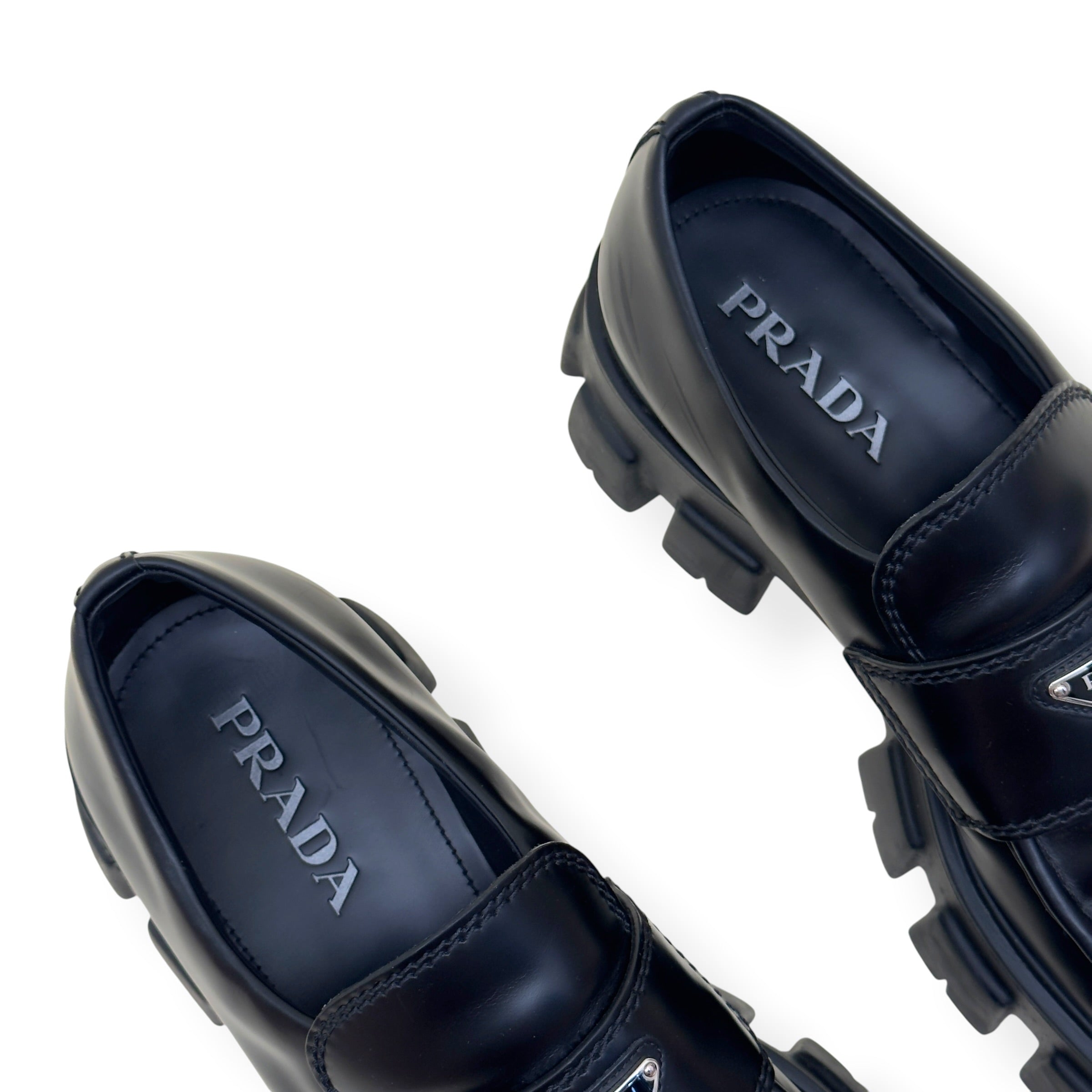 PRADA MONOLITH BRUSHED LEATHER LOAFER BLACK UK9