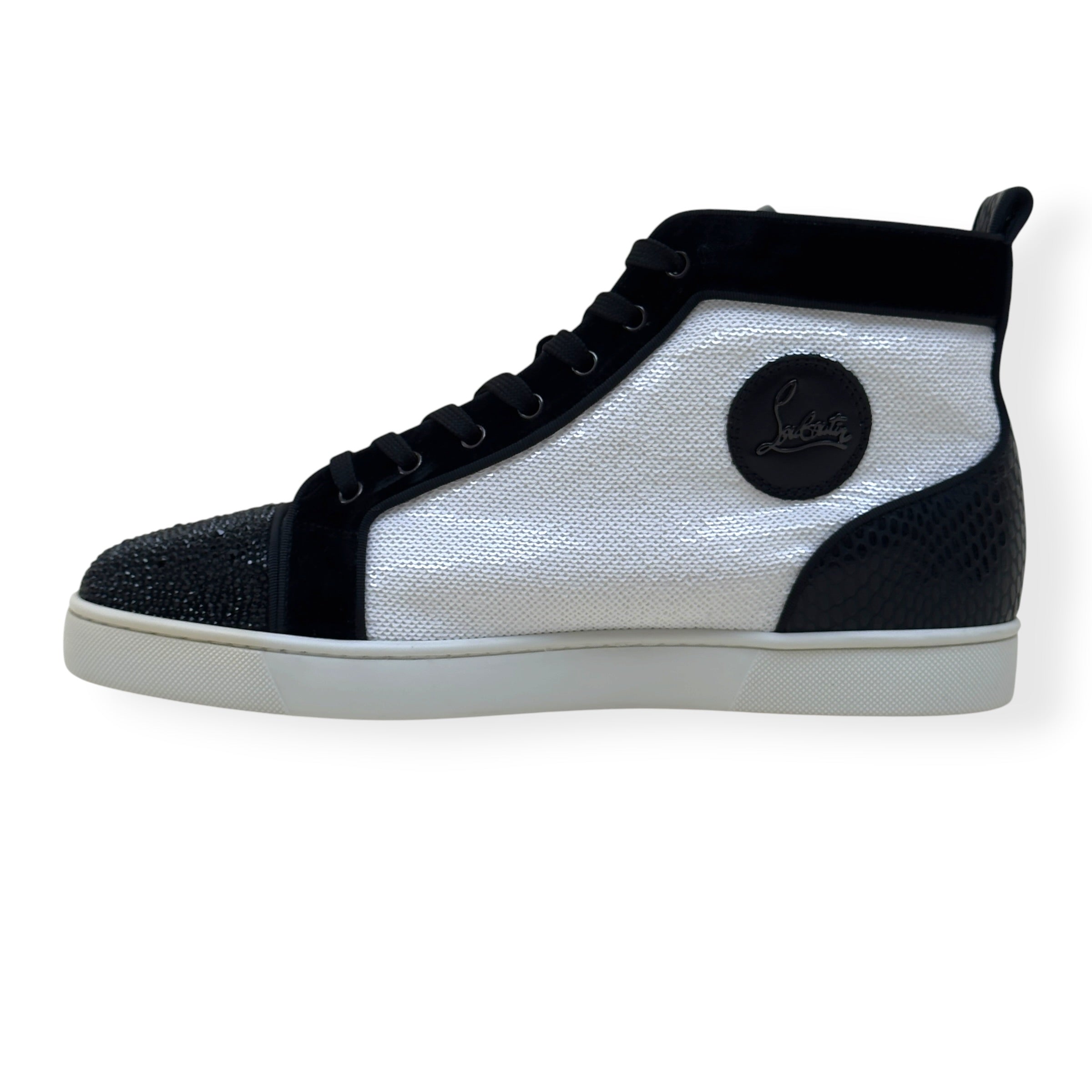 CHRISTIAN LOUBOUTIN LOUIS JUNIOR SPIKES STRASS HIGH-TOP SNEAKER BLACK / WHITE 44 / UK10
