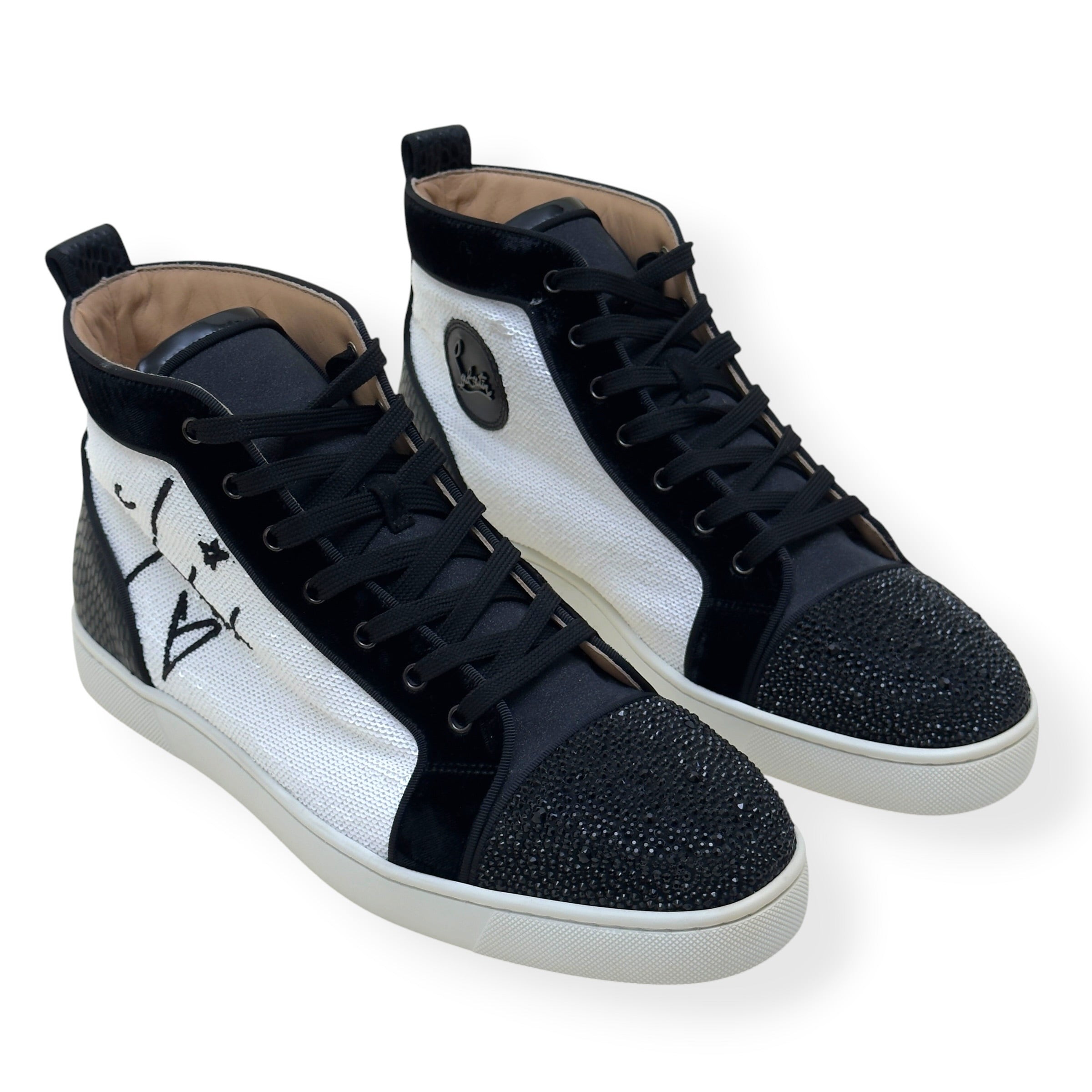 CHRISTIAN LOUBOUTIN LOUIS JUNIOR SPIKES STRASS HIGH-TOP SNEAKER BLACK / WHITE 44 / UK10
