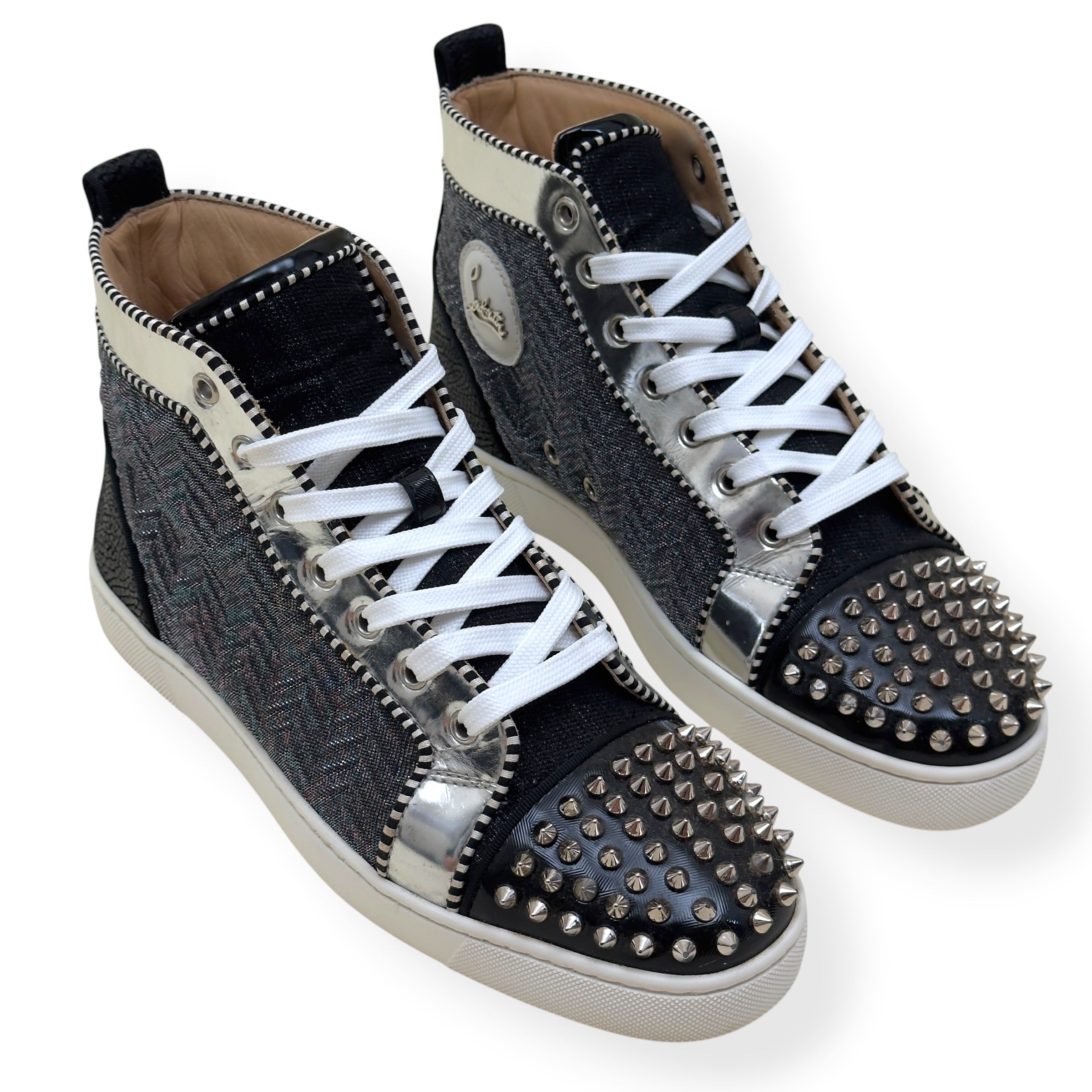 CHRISTIAN LOUBOUTIN LOUIS SPIKES HIGH TOP SNEAKER BLACK / SILVER 42 / UK8