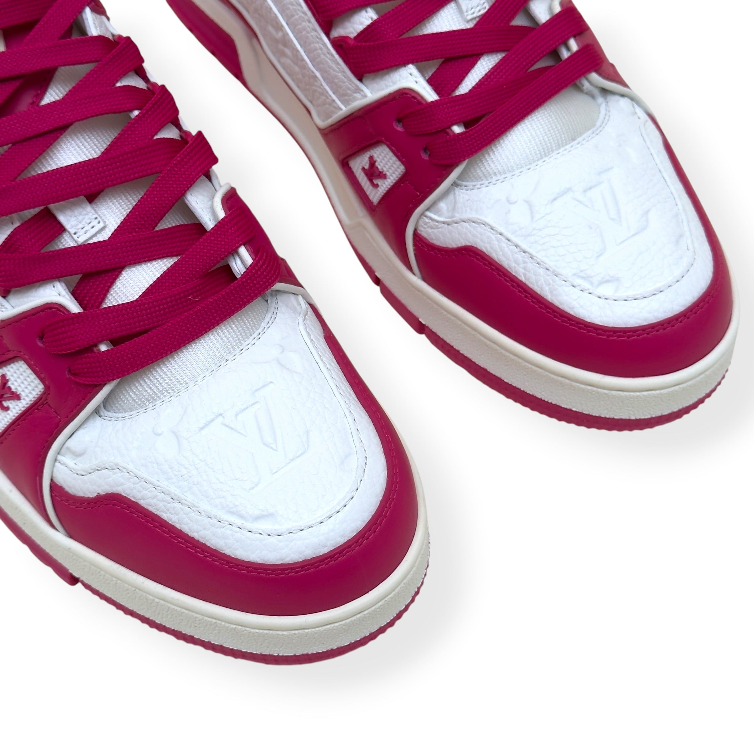 LOUIS VUITTON LV TRAINER MONOGRAM EMBOSSED SNEAKER PINK / WHITE UK9