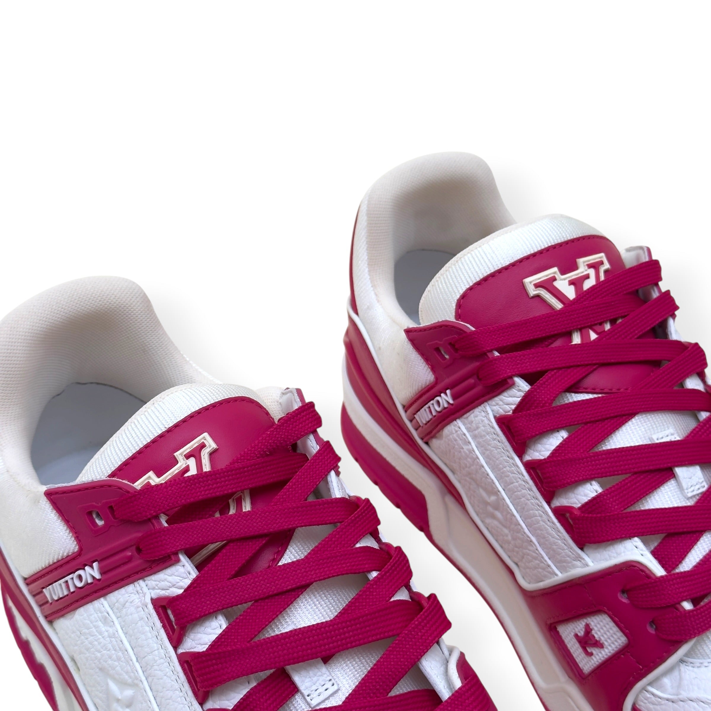LOUIS VUITTON LV TRAINER MONOGRAM EMBOSSED SNEAKER PINK / WHITE UK9
