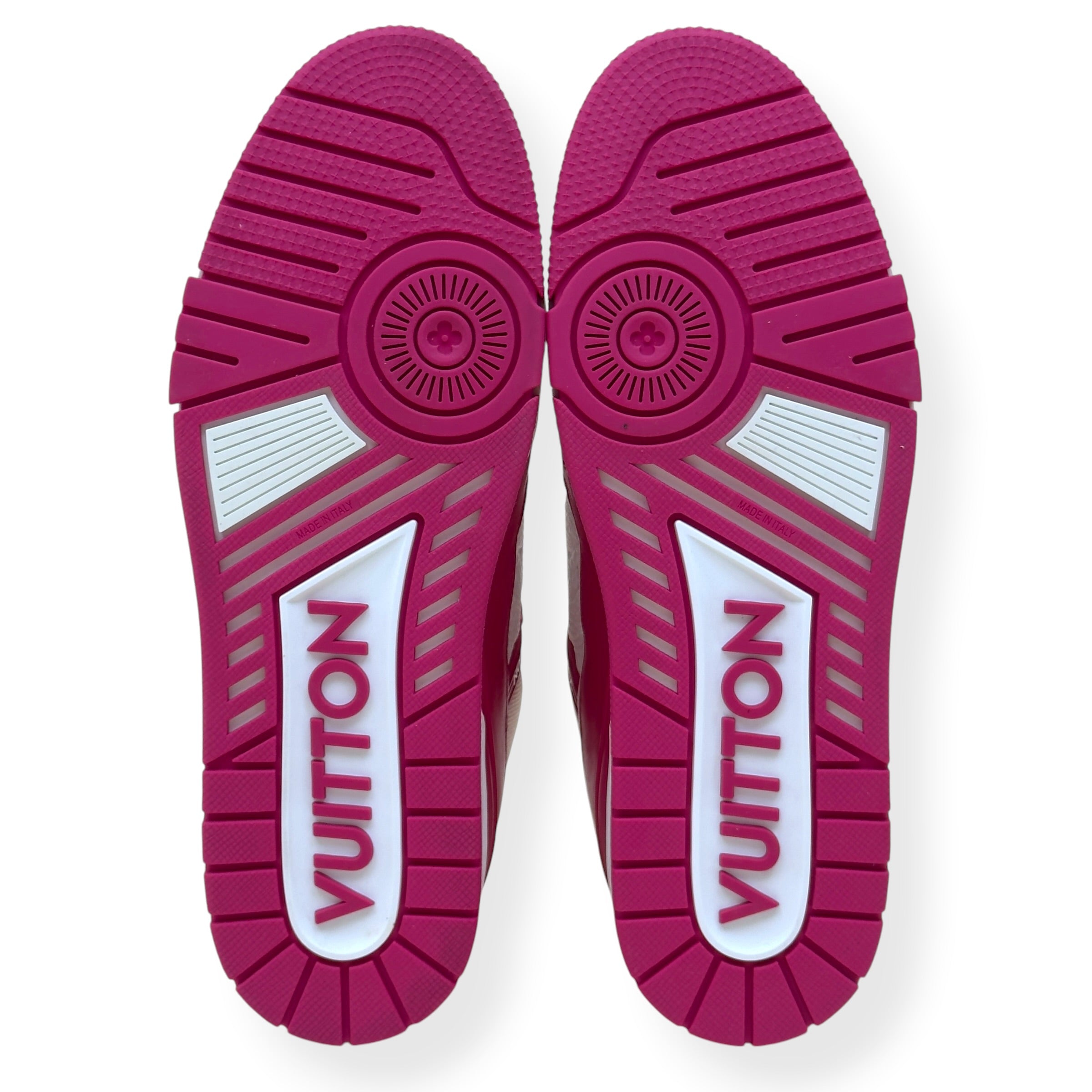 LOUIS VUITTON LV TRAINER MONOGRAM EMBOSSED SNEAKER PINK / WHITE UK9