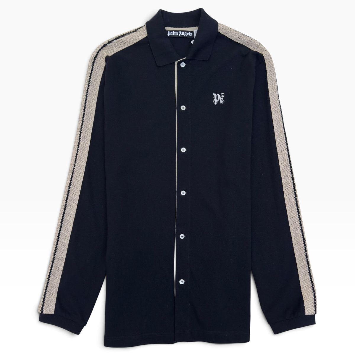 PALM ANGELS MONOGRAM PIQUE LONG SLEEVE SHIRT BLACK / BEIGE M