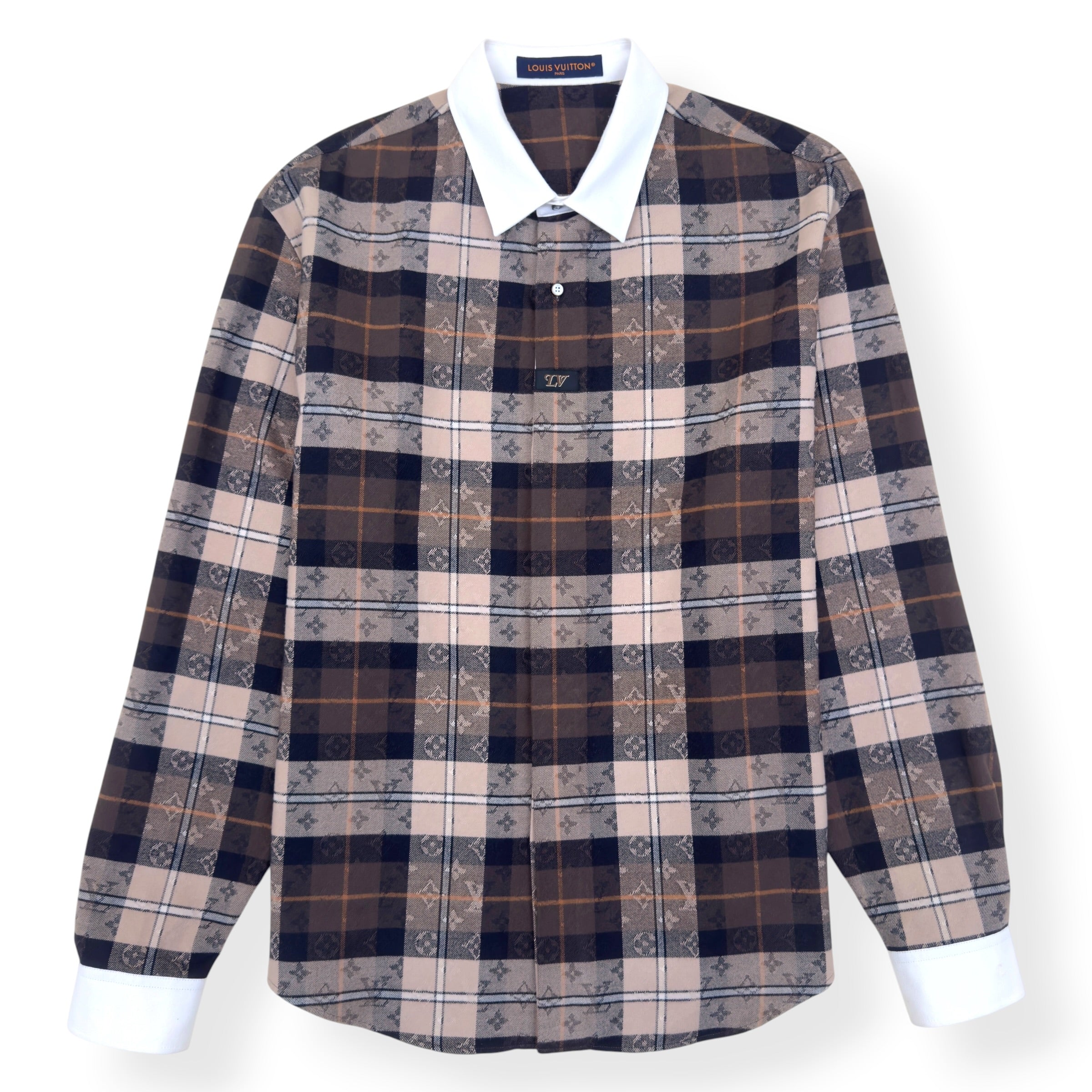 LOUIS VUITTON MONOGRAM PLAID FLANNEL SHIRT BROWN XXL