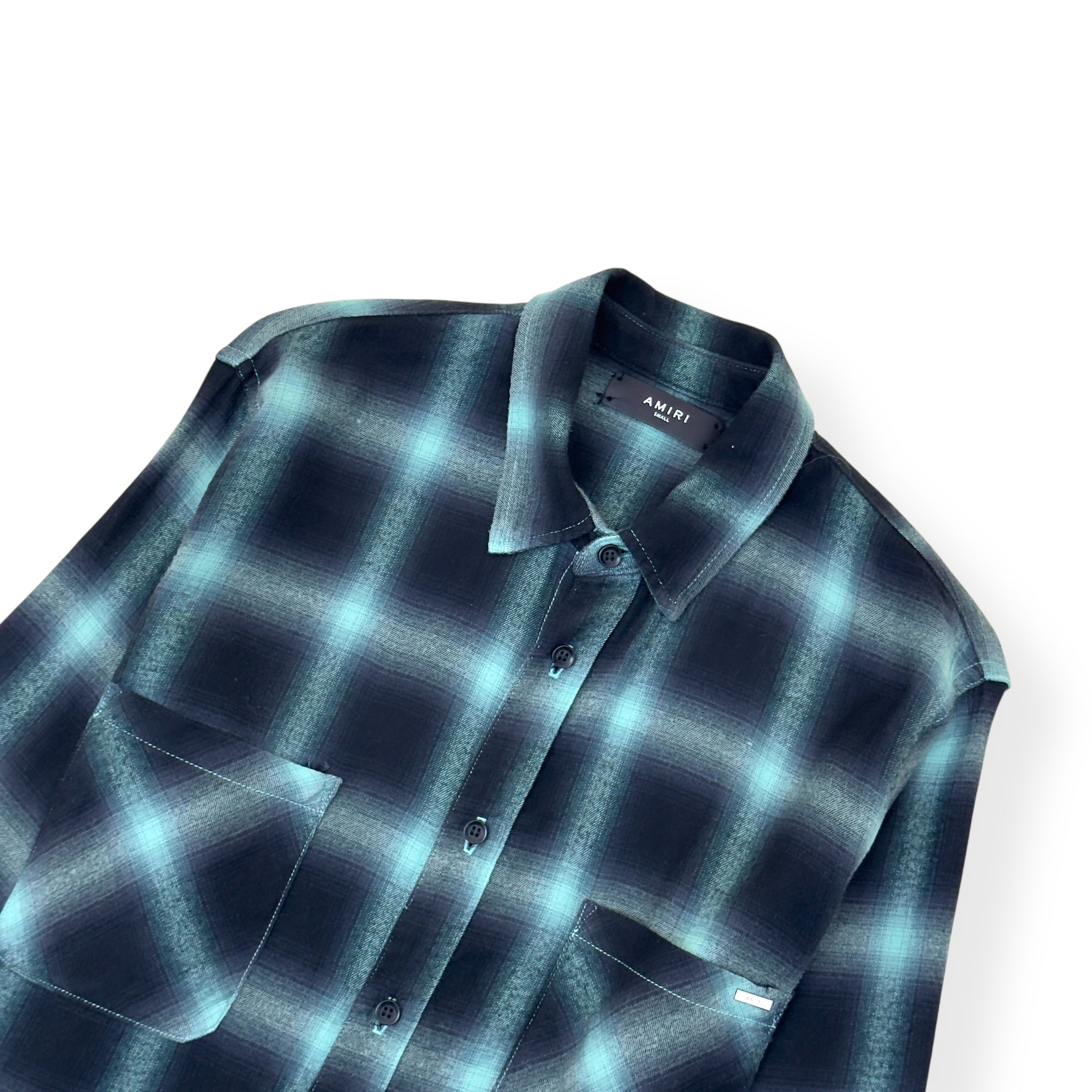 AMIRI DIP-DYED CHECKED COTTON-FLANNEL SHIRT AQUA / NAVY S