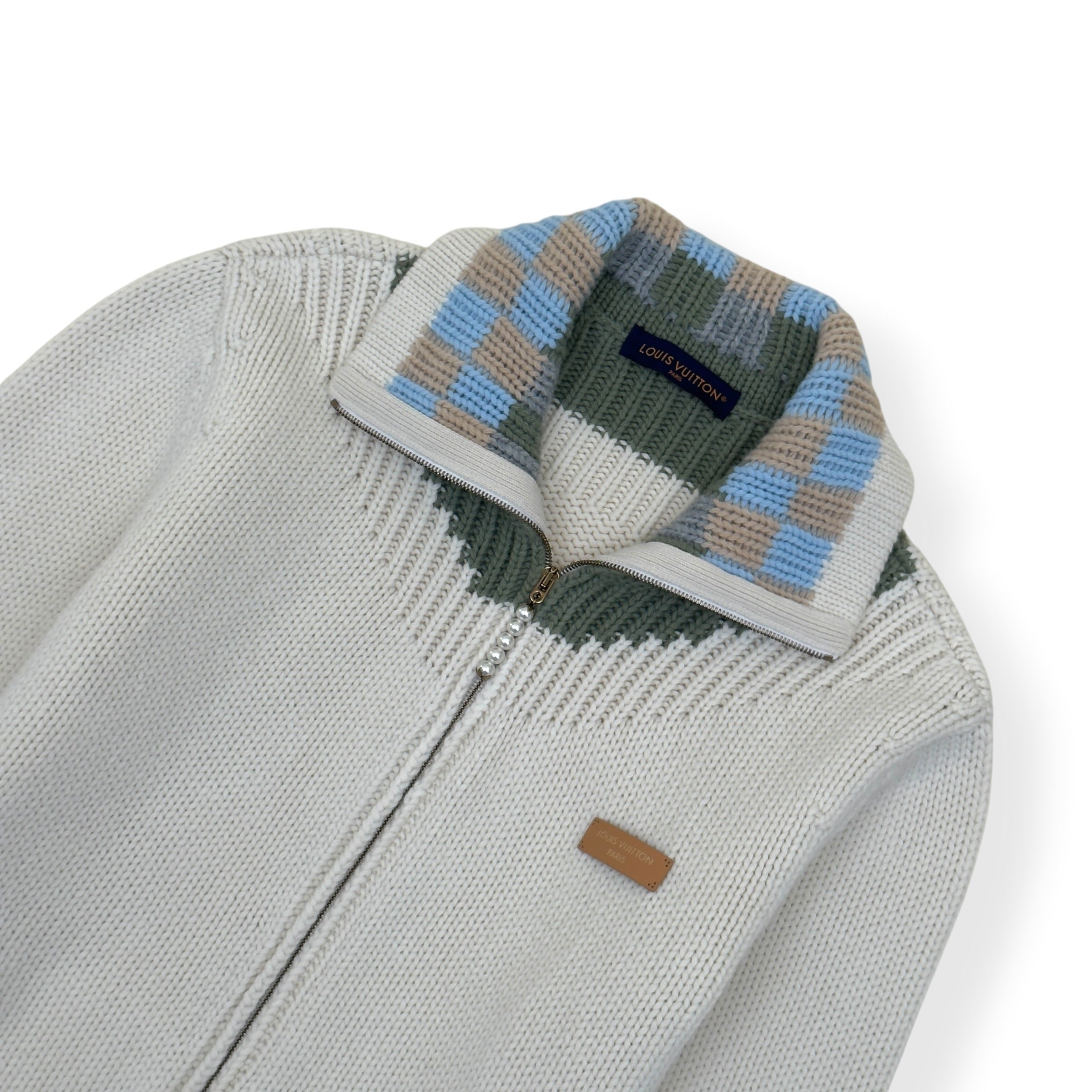 LOUIS VUITTON DAMIER ZIP-THROUGH INTARSIA KNIT JACKET ECRU XXL