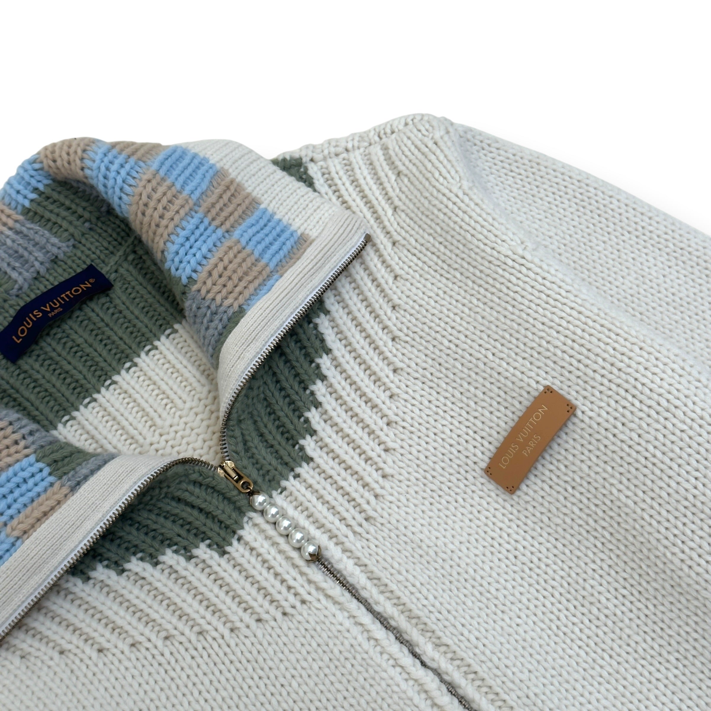 LOUIS VUITTON DAMIER ZIP-THROUGH INTARSIA KNIT JACKET ECRU XXL