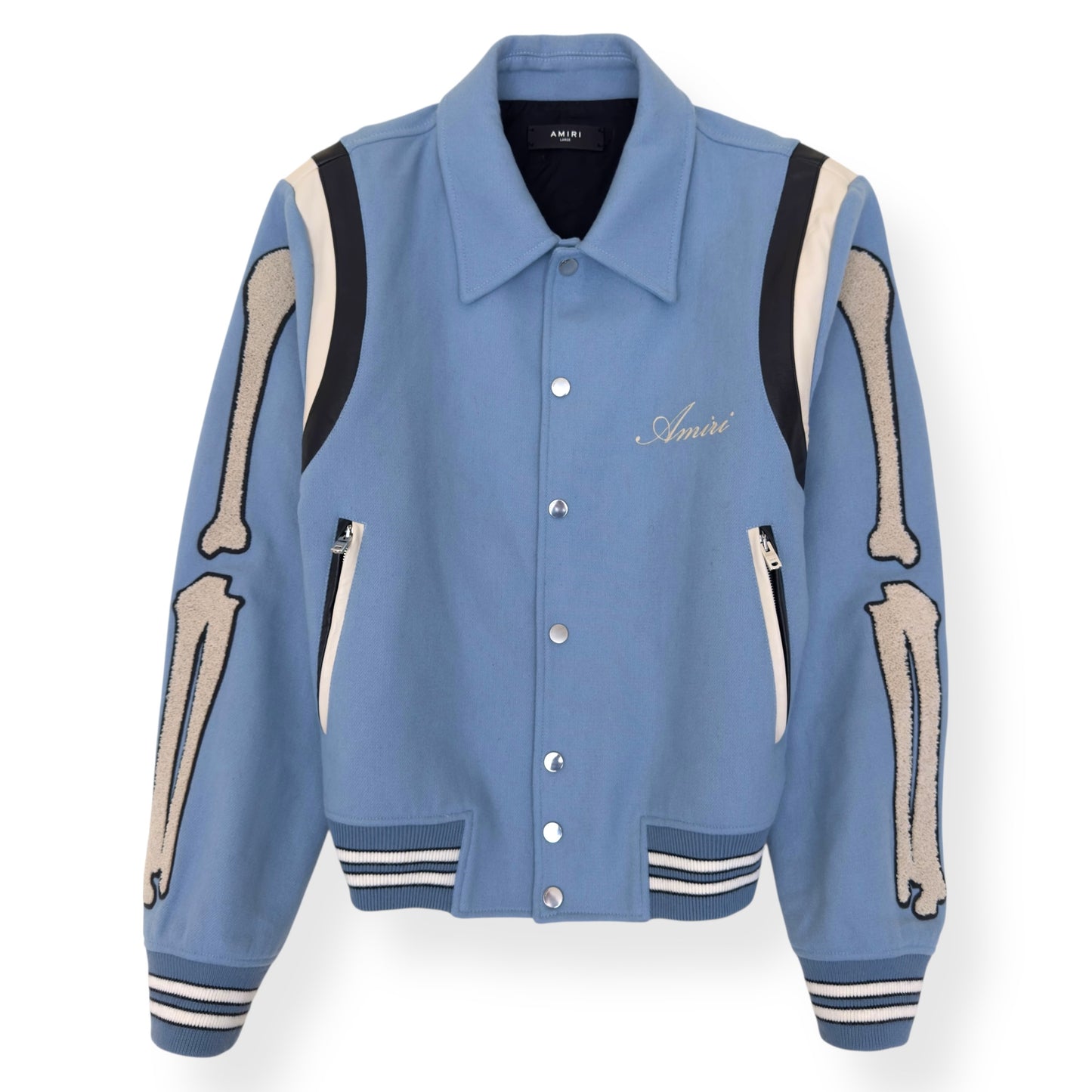 AMIRI BONES WOOL VARSITY BOMBER JACKET BABY BLUE L