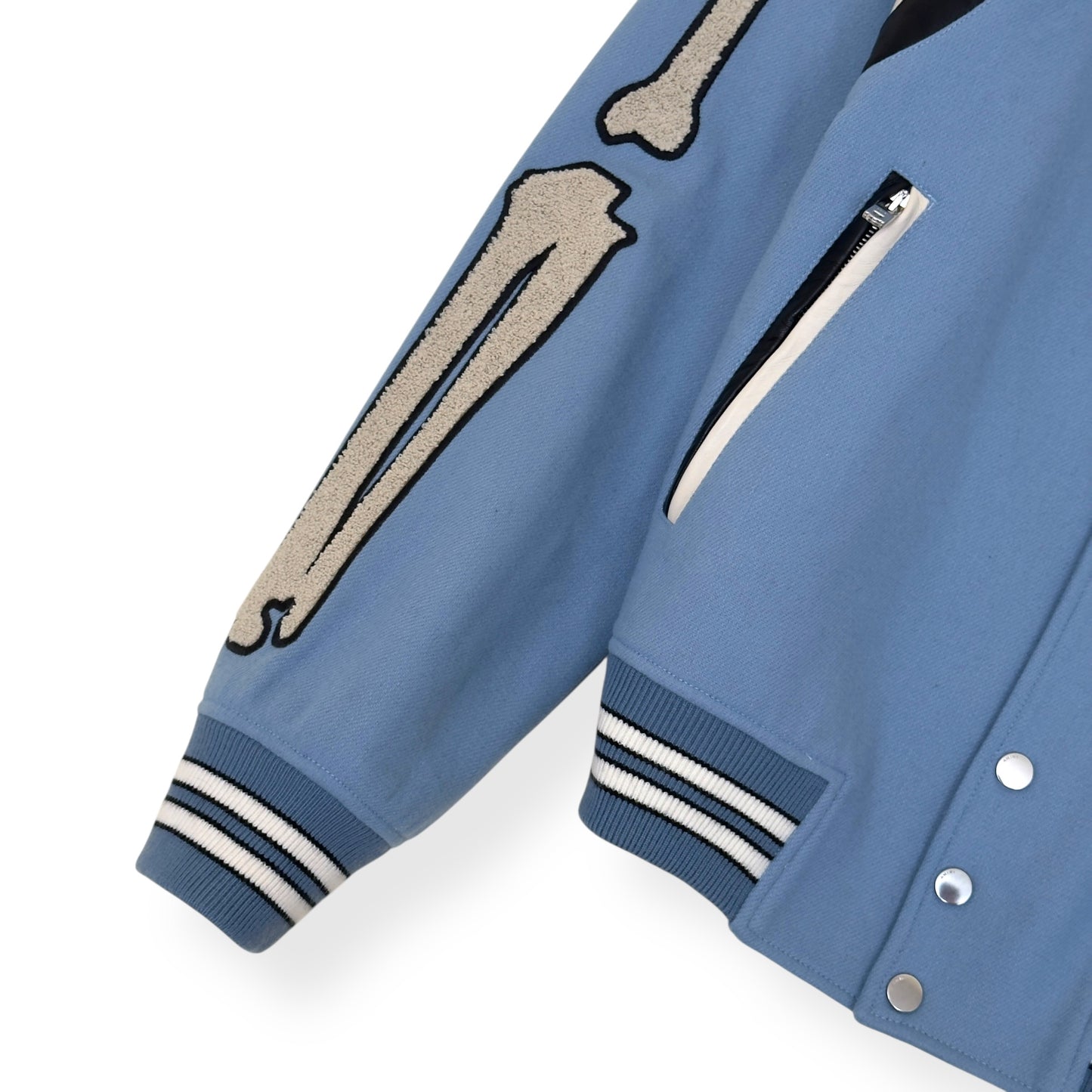 AMIRI BONES WOOL VARSITY BOMBER JACKET BABY BLUE L